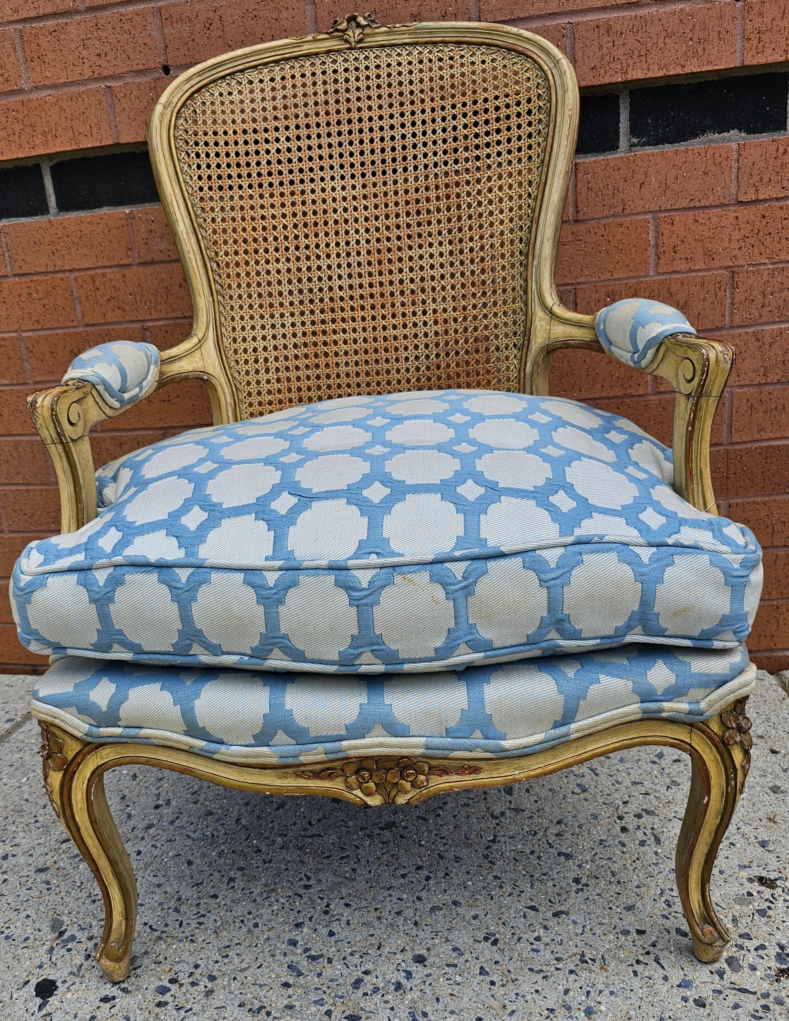 French Provincial Provincial Yellowish Enamel, Caned Back And Upholstered Seat Bergere Chair For Sale