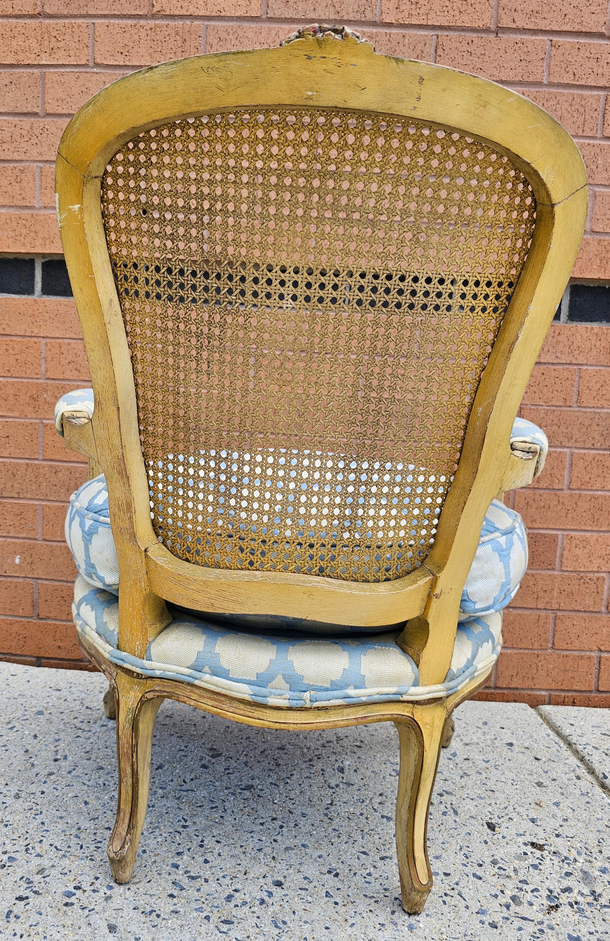 Provincial Yellowish Enamel, Caned Back And Upholstered Seat Bergere Chair For Sale 2