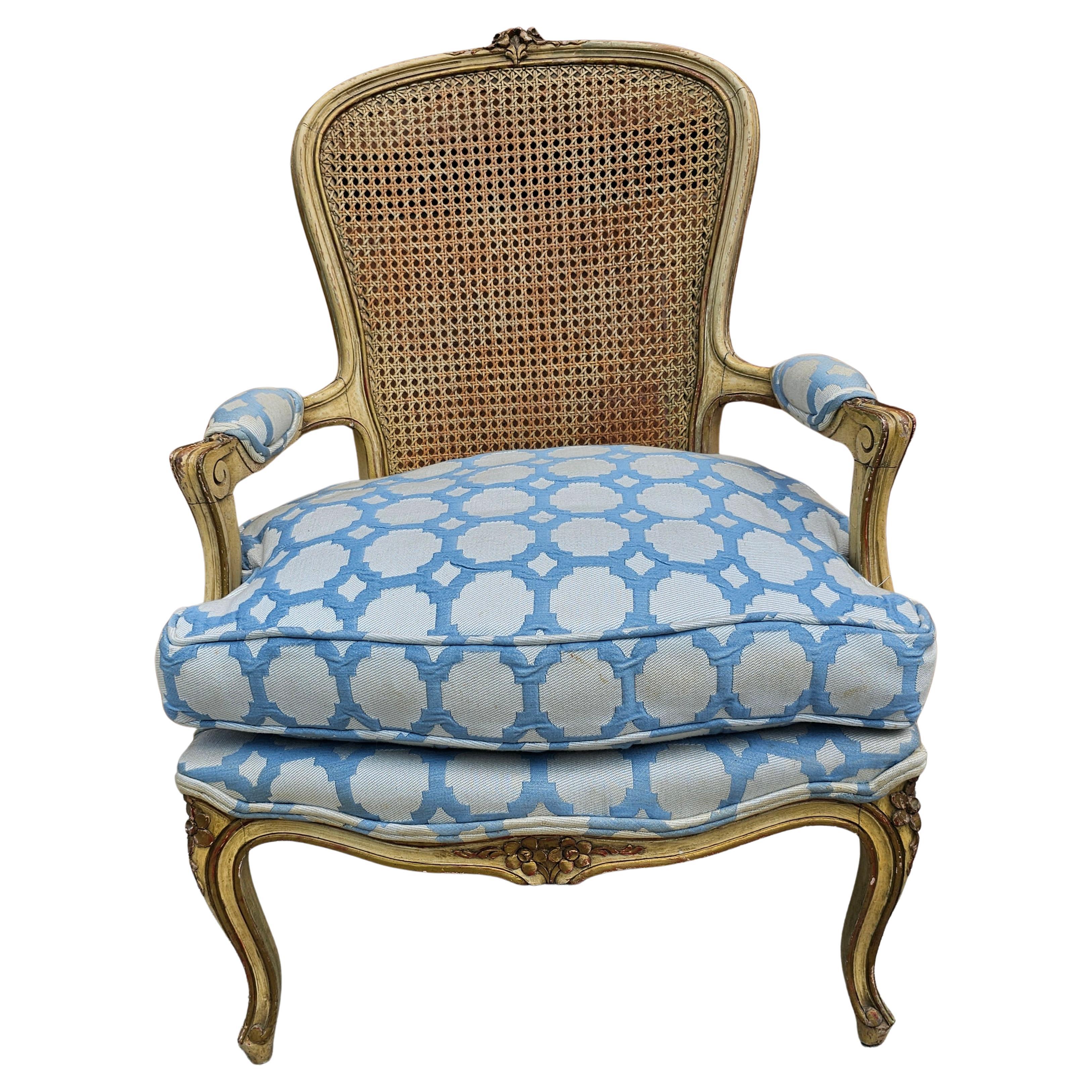 Provincial Yellowish Enamel, Caned Back And Upholstered Seat Bergere Chair For Sale