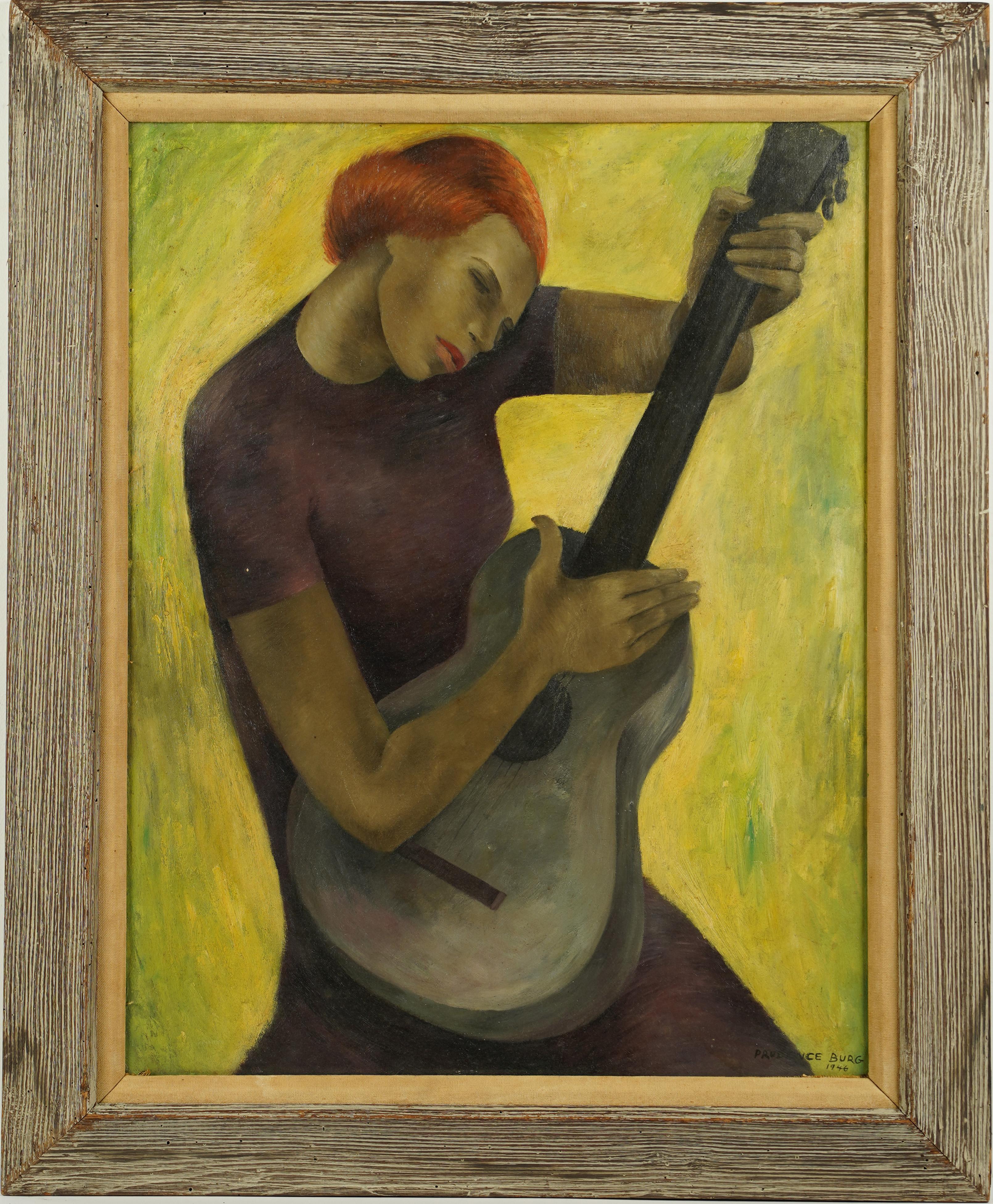 Firmato Antico ritratto di chitarra femminile modernista americano, dipinto a olio incorniciato - Painting di Prudence Burg