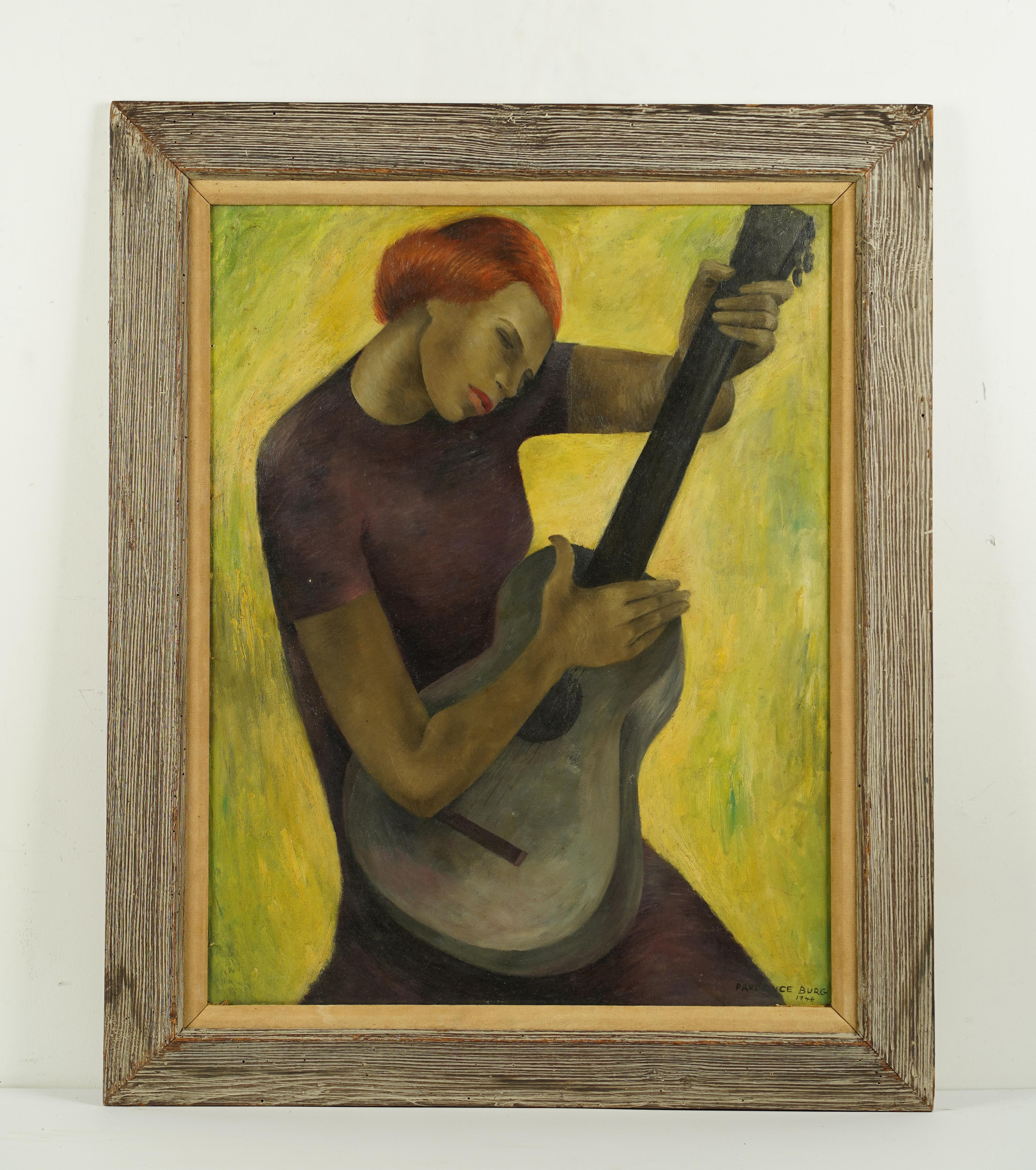 Firmato Antico ritratto di chitarra femminile modernista americano, dipinto a olio incorniciato - Painting Moderno di Prudence Burg