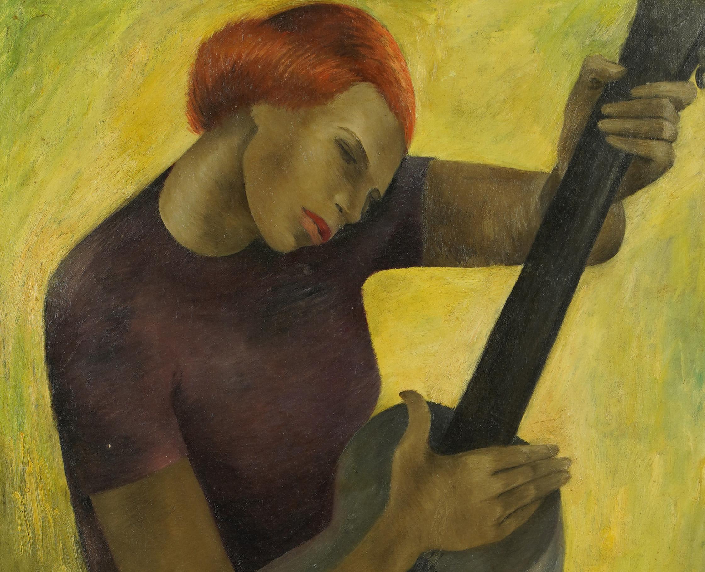 Firmato Antico ritratto di chitarra femminile modernista americano, dipinto a olio incorniciato 1