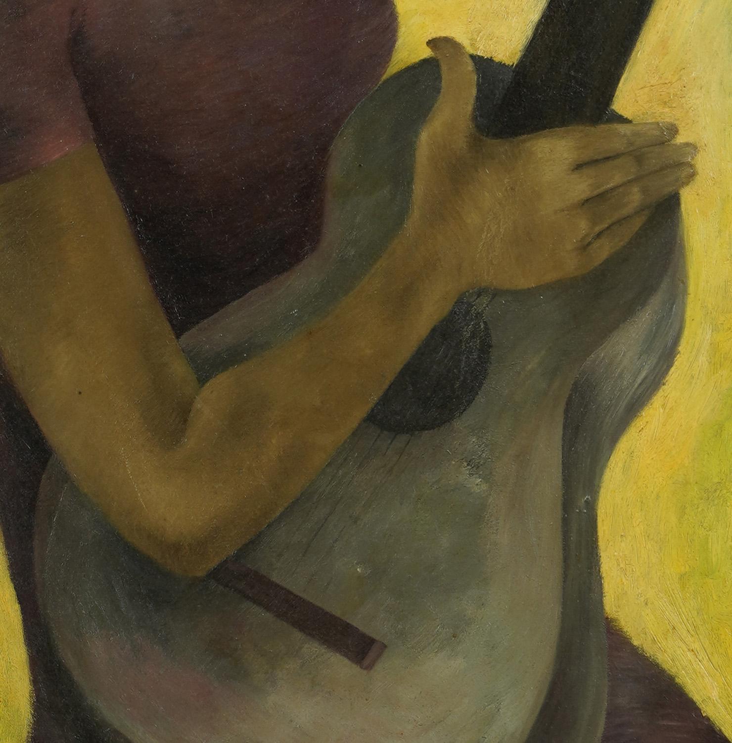 Firmato Antico ritratto di chitarra femminile modernista americano, dipinto a olio incorniciato 2