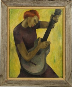 Signed Antique American Modernist Female Guitar Portrait Framed Oil Painting