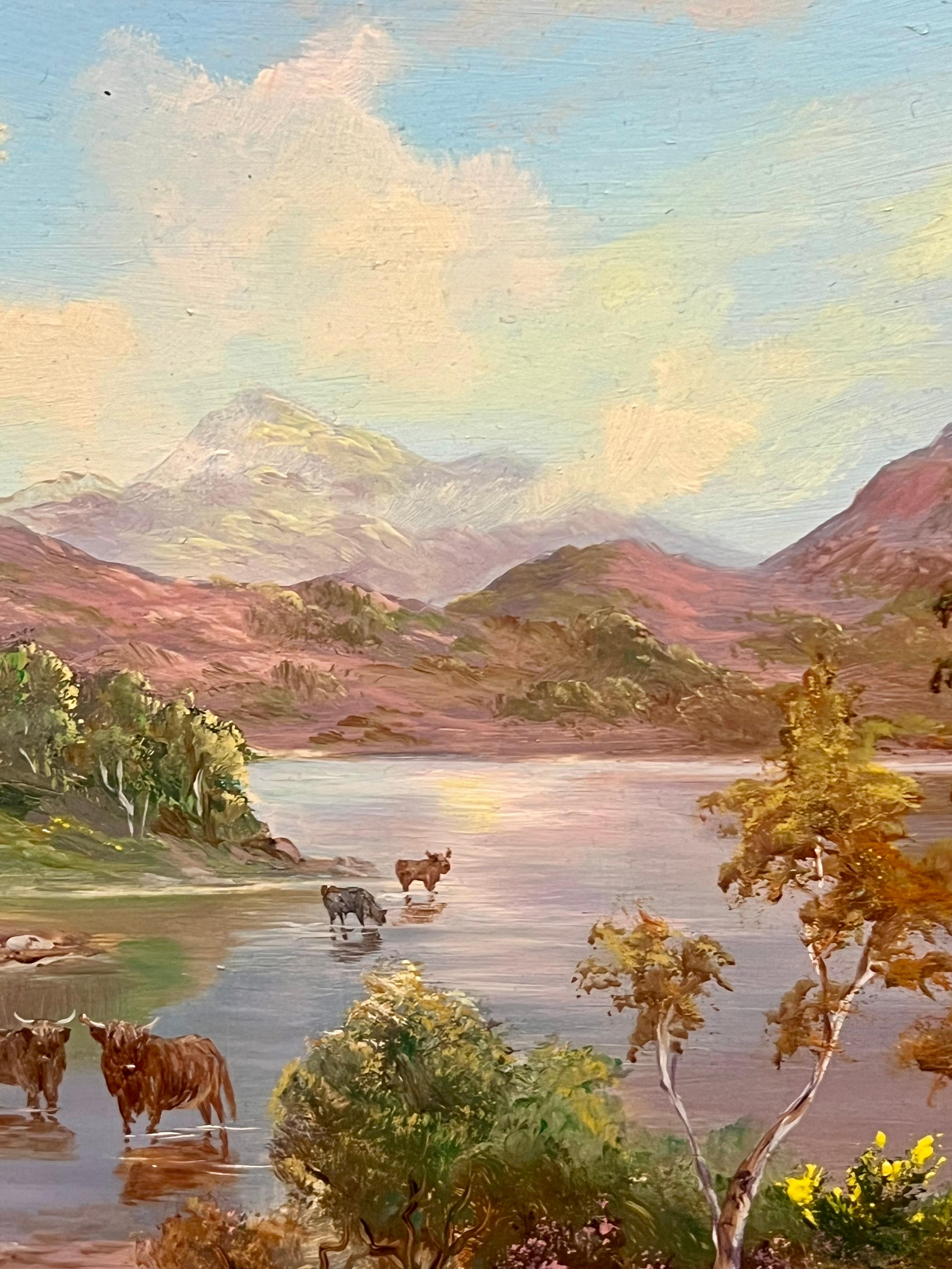Ganado de las Tierras Altas Pastando Escocia Paisaje de Loch Rannoch cuadro al óleo firmado - Landscape Painting Marrón de Prudence Turner