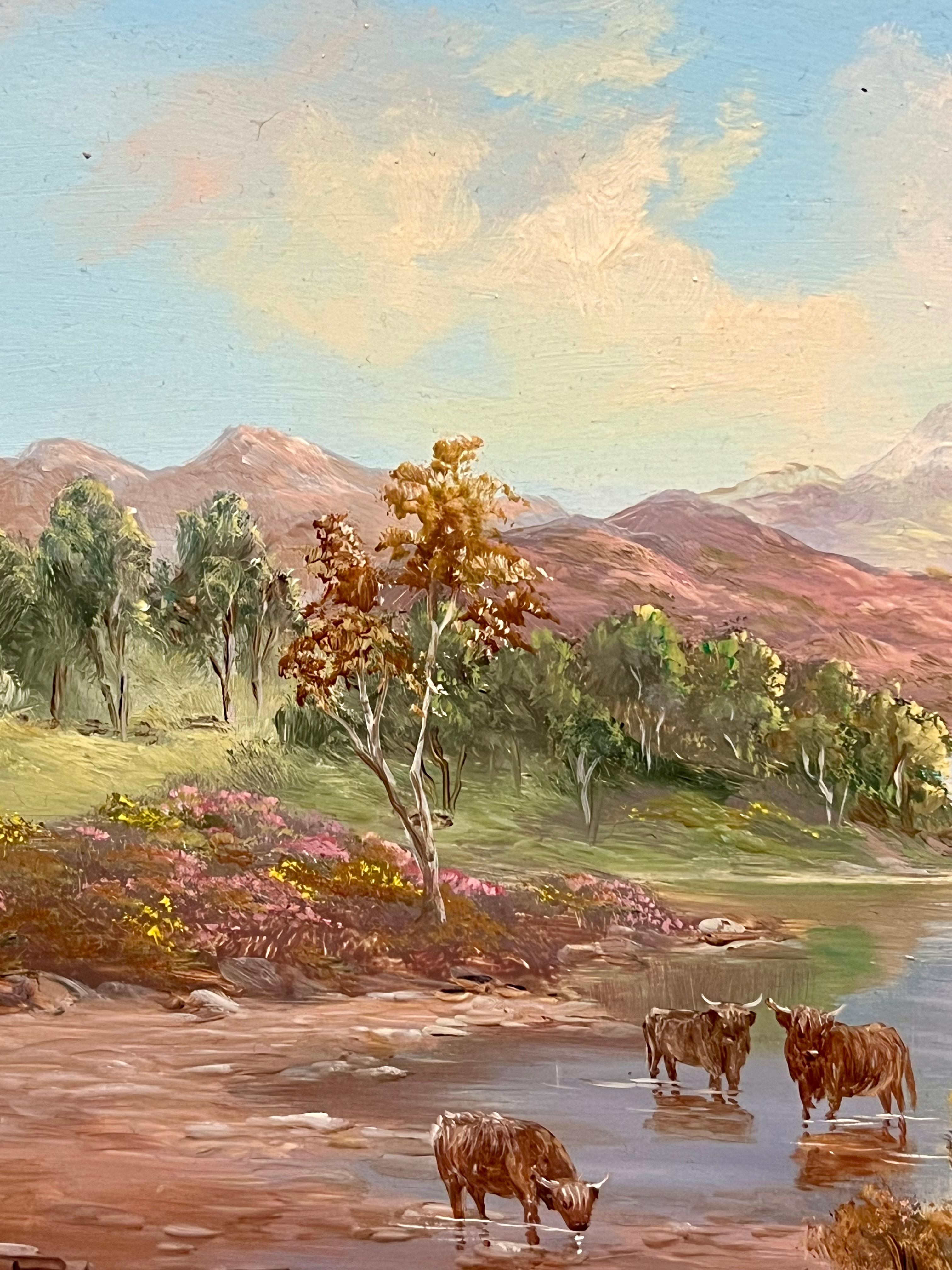 Ganado de las Tierras Altas, Rannoch, Escocia
firmado por Prudence Turner, británica nacida en 1930. 
óleo sobre tabla, enmarcado
verso de la inscripción
enmarcado: 12,5 x 14,5 pulgadas
tablero:  20 x 25 cm

Procedencia: colección privada,