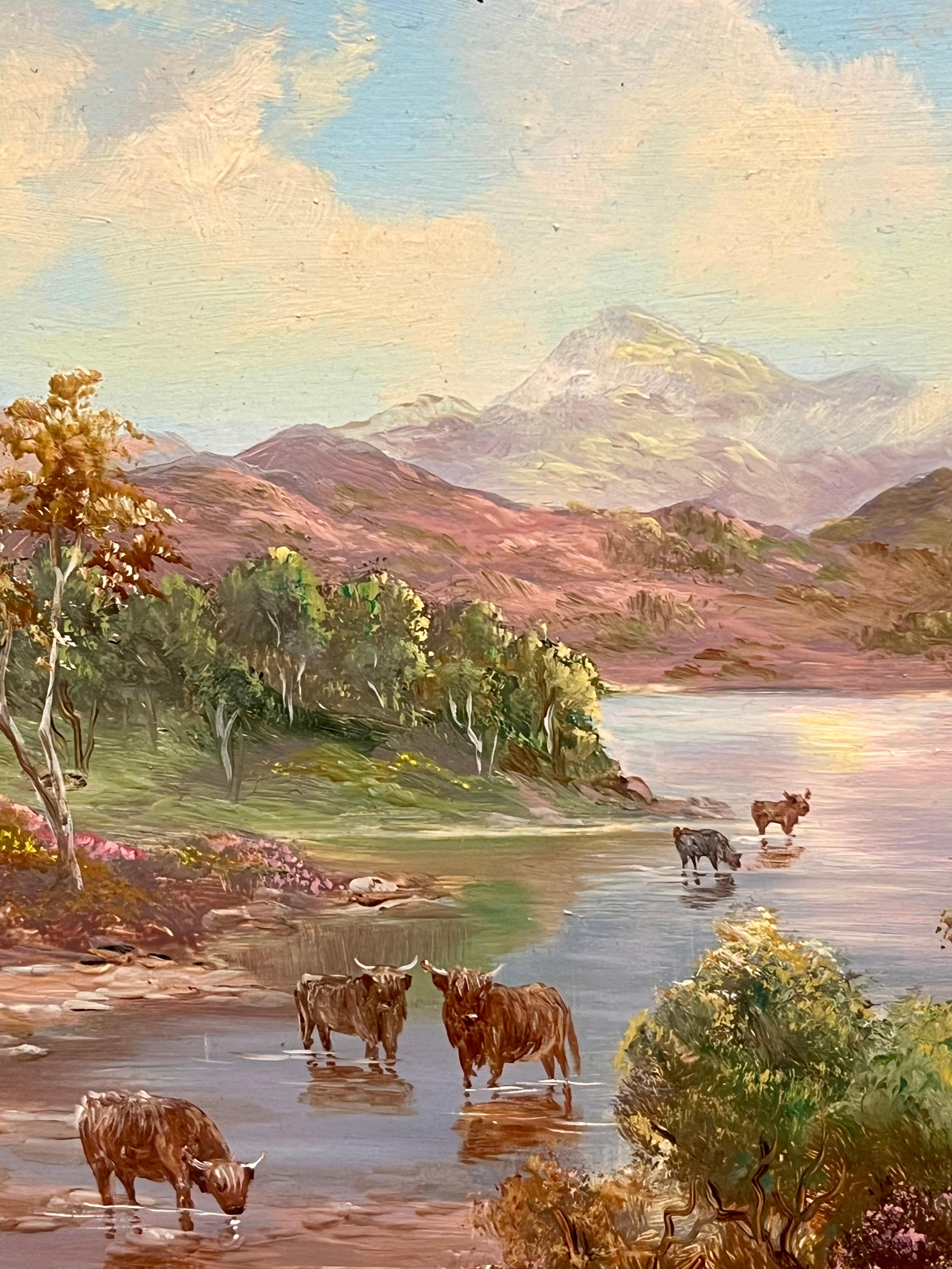 Ganado de las Tierras Altas Pastando Escocia Paisaje de Loch Rannoch cuadro al óleo firmado en venta 1