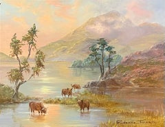 Highland Cattle In Tranquil Loch Etive Sunset Landscape Signed Oil Painting