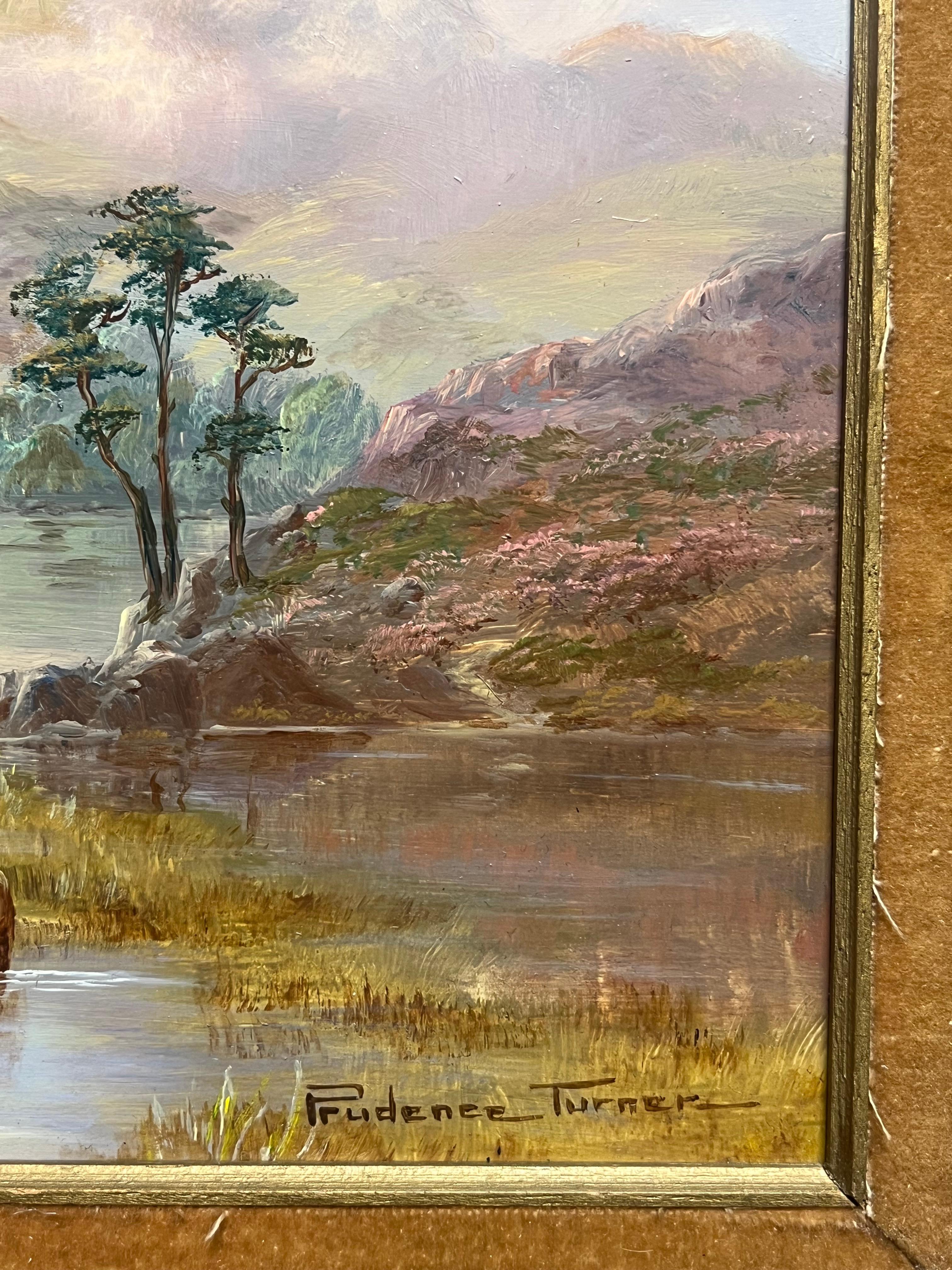 Highland Cattle In Tranquil Loch Etive Sunset Landscape Signed Oil Painting 1