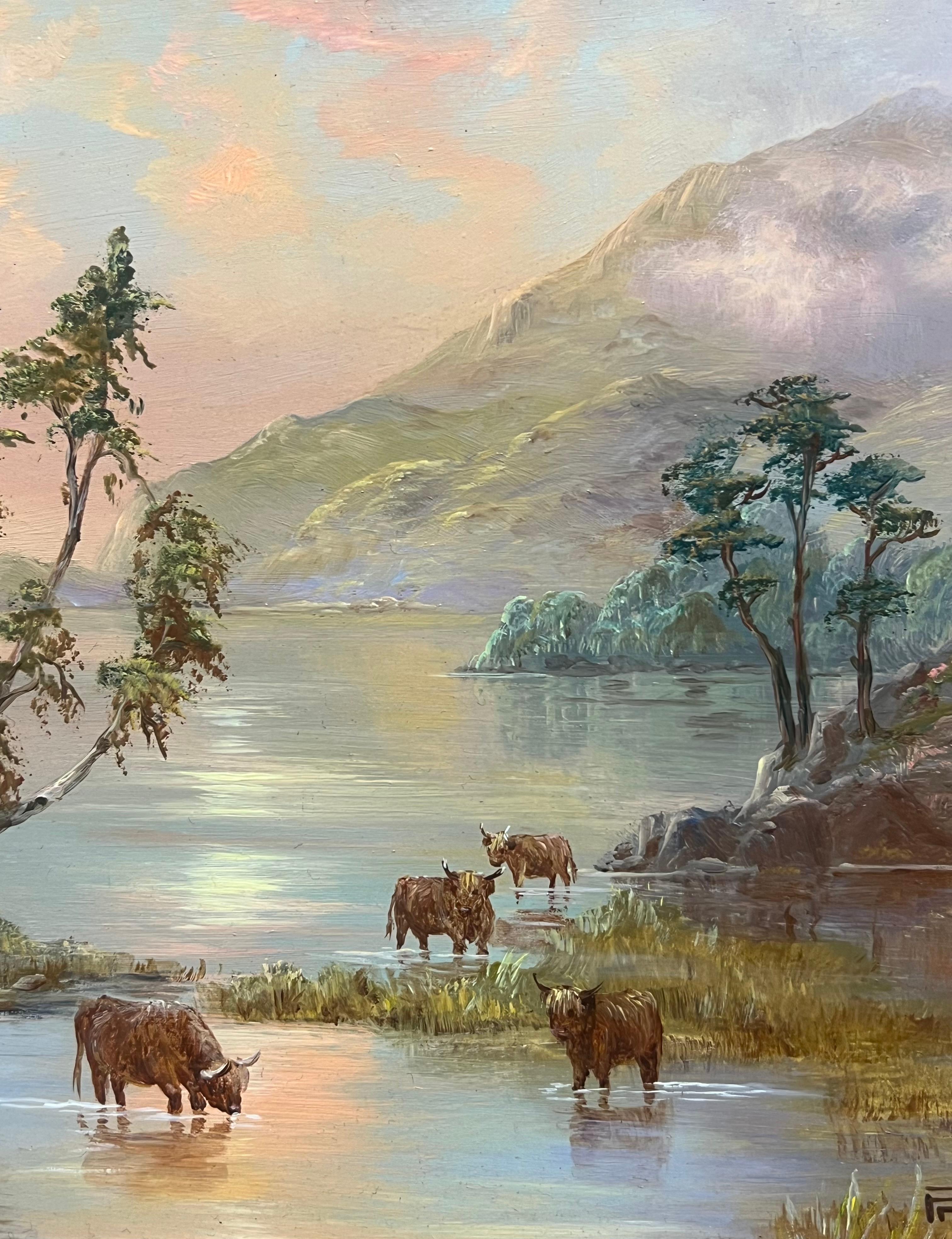 Highland Cattle In Tranquil Loch Etive Sunset Landscape Signed Oil Painting 2