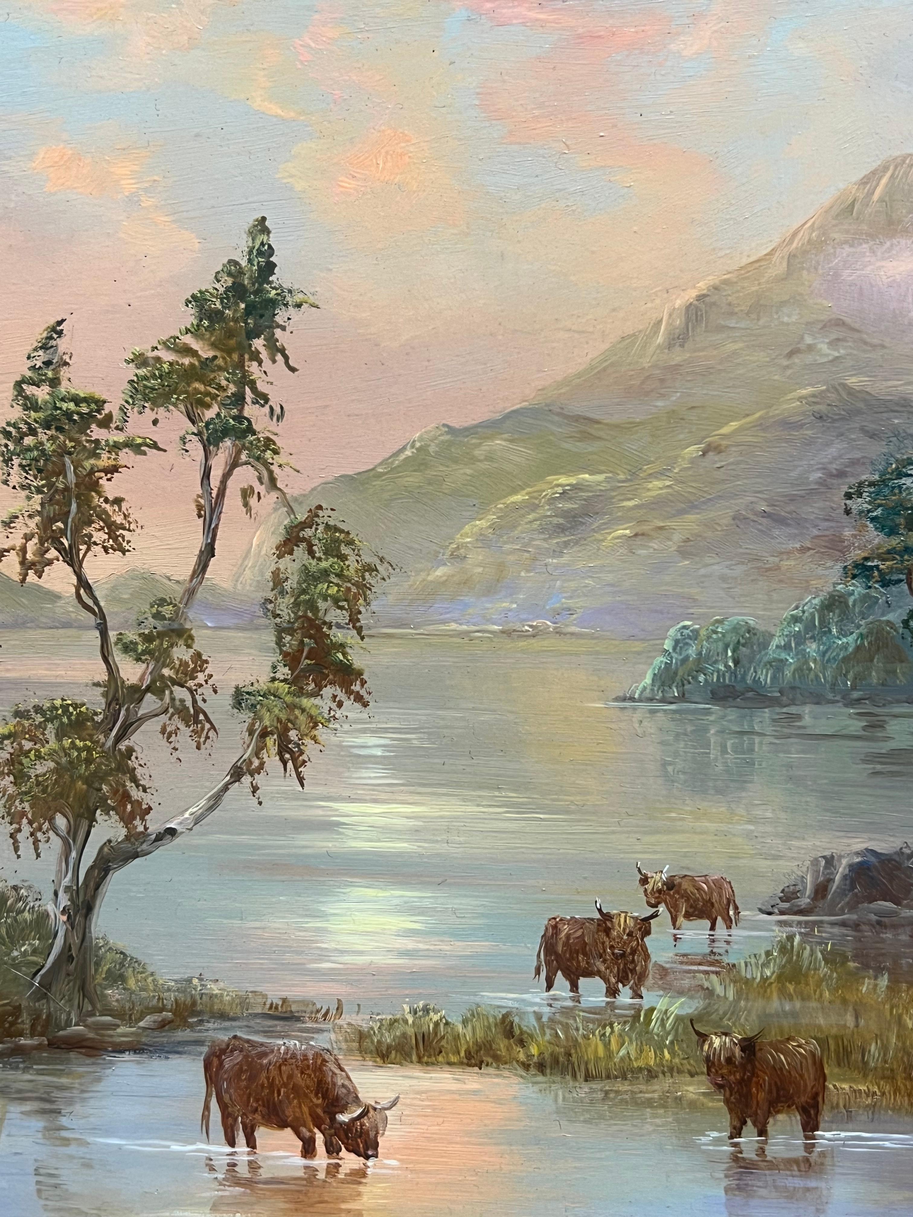 Highland Cattle In Tranquil Loch Etive Sunset Landscape Signed Oil Painting 3