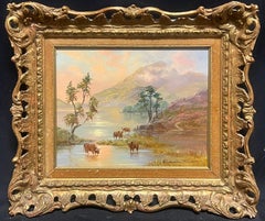 Highland Cattle In Tranquil Loch Etive Sunset Landscape Signed Oil Painting