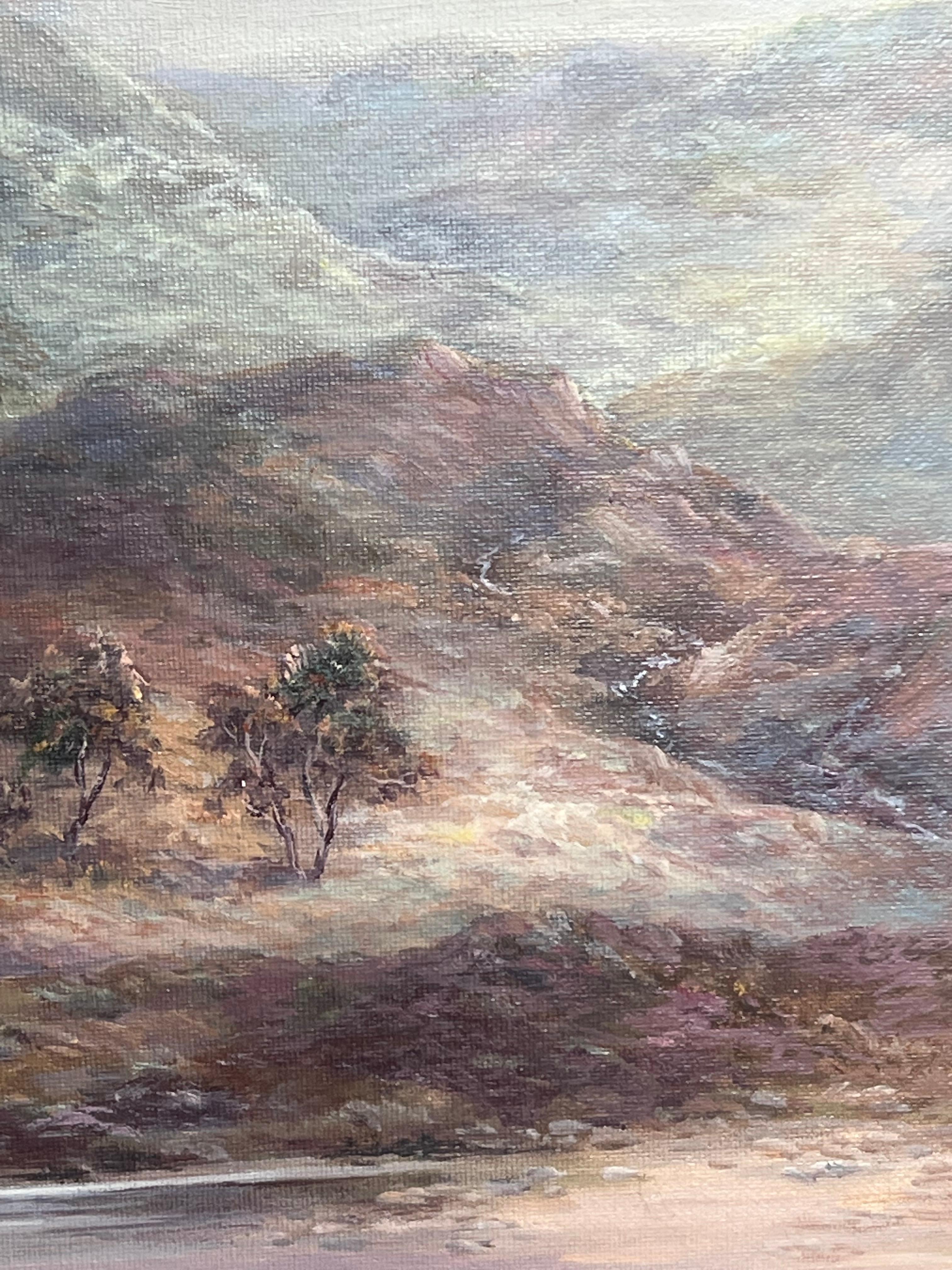 Riesiges schottisches Ölgemälde Hirsche in bergiger Herbstlandschaft Signiert Gerahmt im Angebot 3