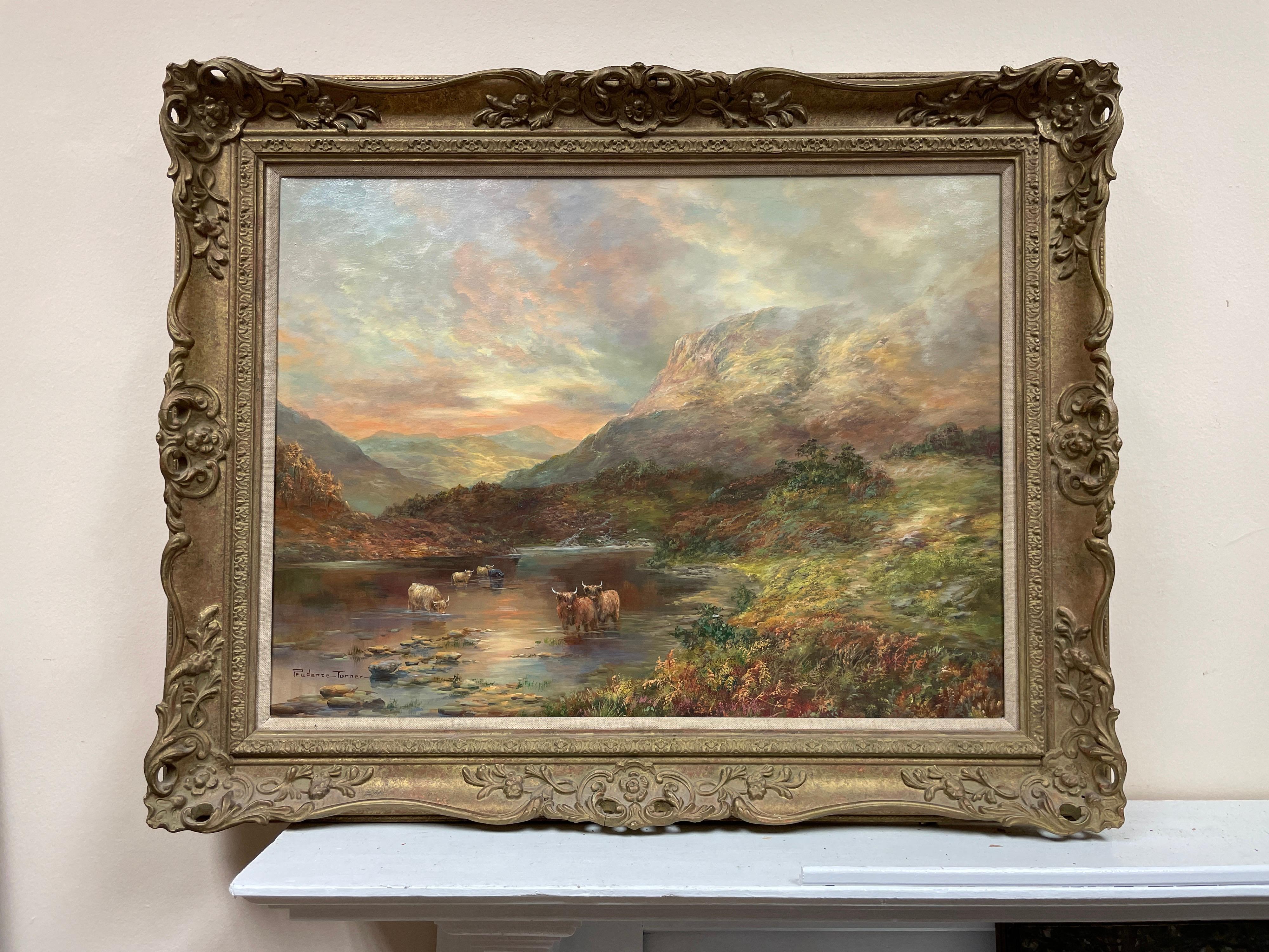 Large Signed Original Oil - Scottish Highlands Loch with Cattle Watering - Painting by Prudence Turner
