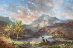 Large Signed Original Oil - Scottish Highlands Stag Deer Loch & Mountains