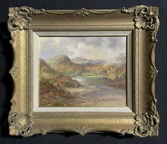 Scottish Highlands with Stags by Loch, signed Original British Oil Painting