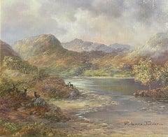 Scottish Highlands with Stags by Loch, signed Original British Oil Painting
