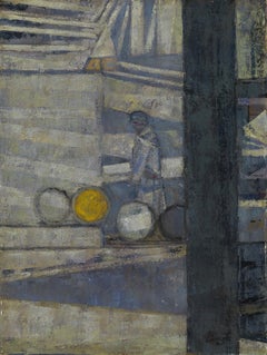 Barrels in a Yard - 20th Century, Oil on canvas by Prunella Clough