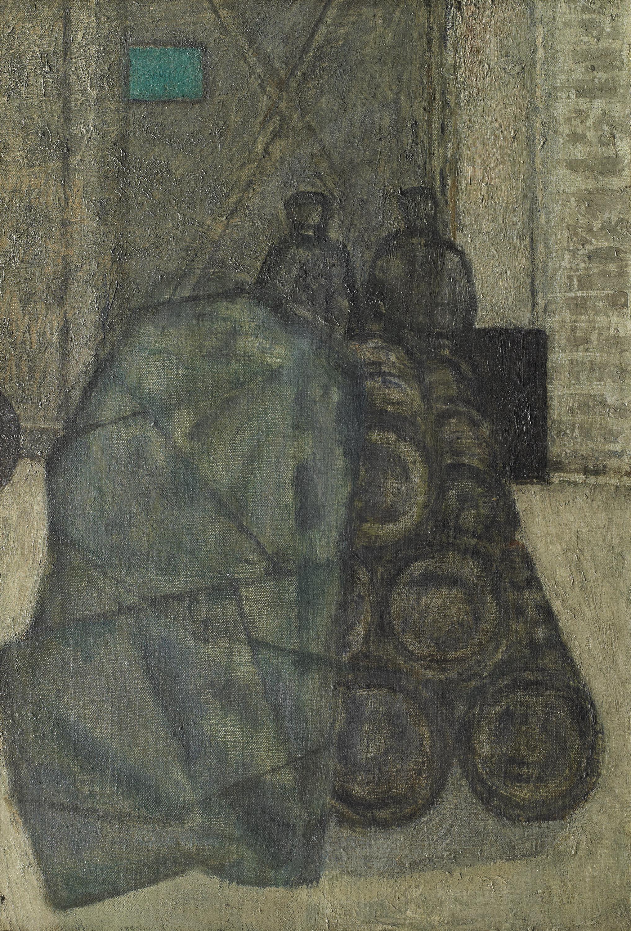 Barrels in a Yard - 20. Jahrhundert, Öl auf Leinwand von Prunella Clough