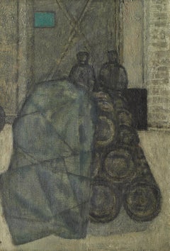 Barrels in a Yard - 20th Century, Oil on canvas by Prunella Clough
