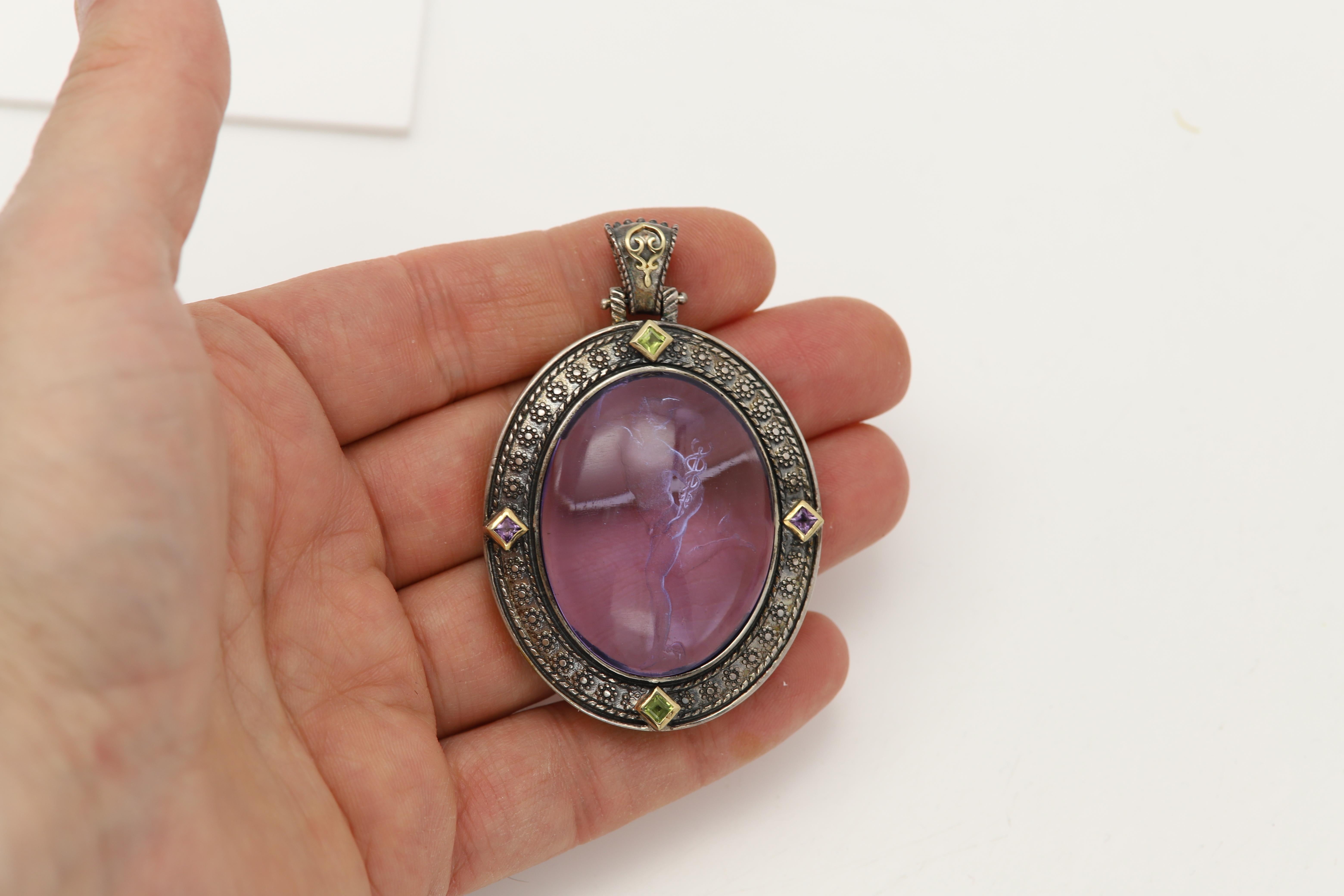 Gothic Revival Vintage Murano Glass Pendant Italian Glass Cameo of Greek Hermes God For Sale