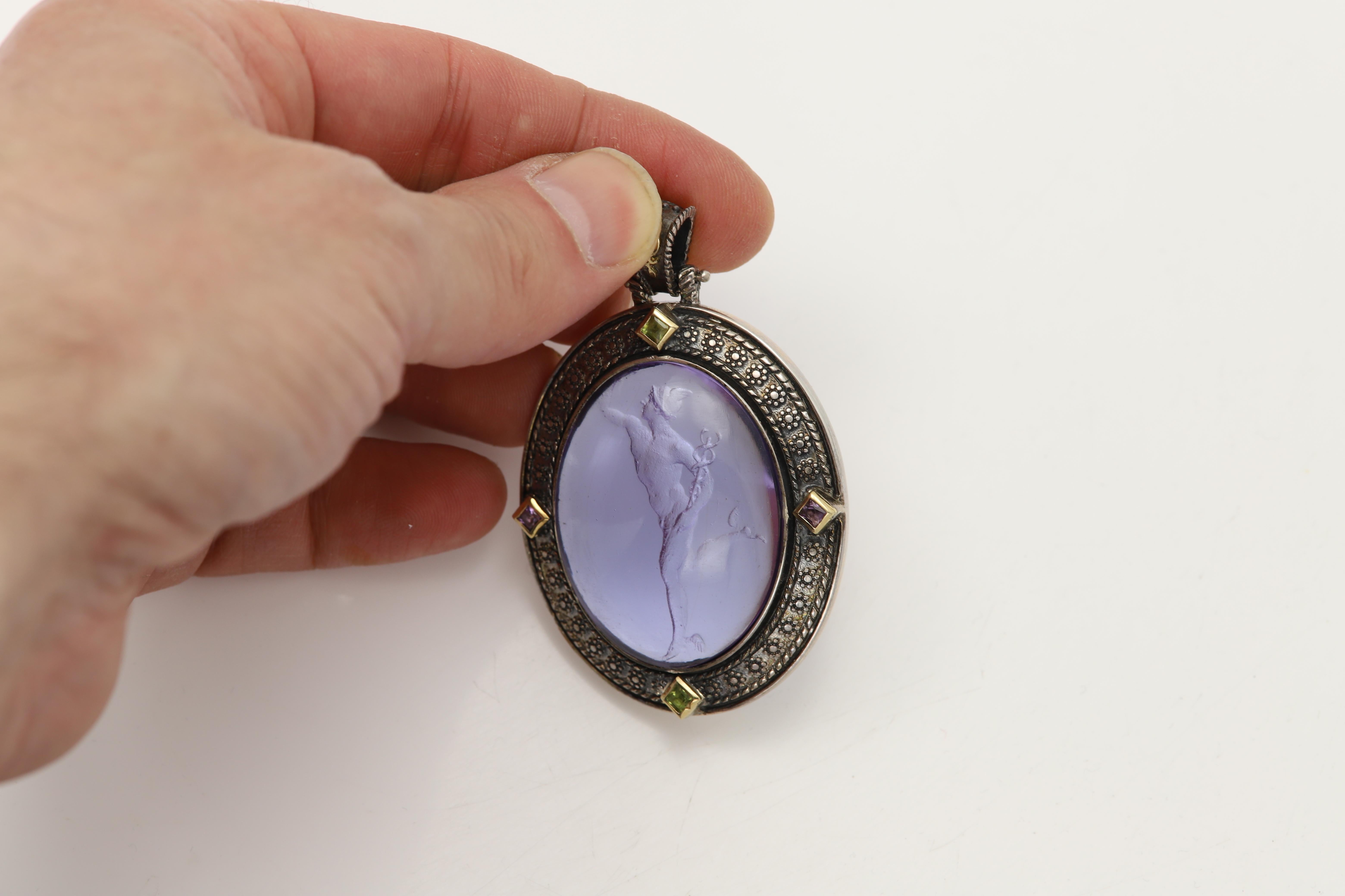 Women's Vintage Murano Glass Pendant Italian Glass Cameo of Greek Hermes God For Sale