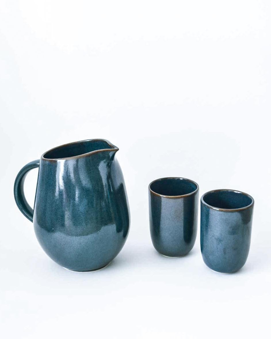 Hand-Crafted Prussian Blue Handmade Organic Modern Ceramic Pitcher, in Stock For Sale