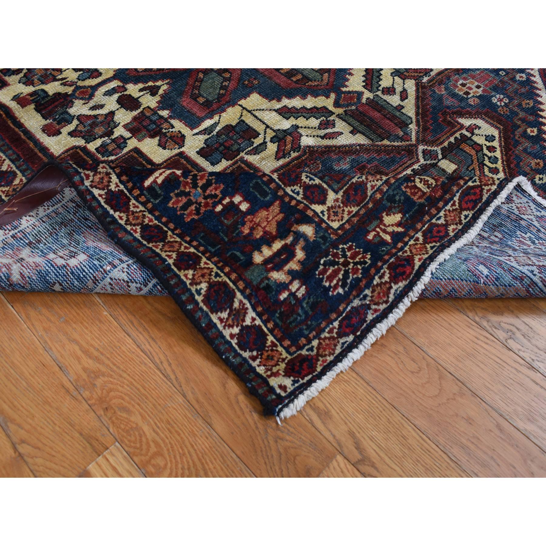 Hand-Knotted Prussian Blue Vintage Persian Bakhtiari Even Wear Wool Hand Knotted Runner Rug For Sale