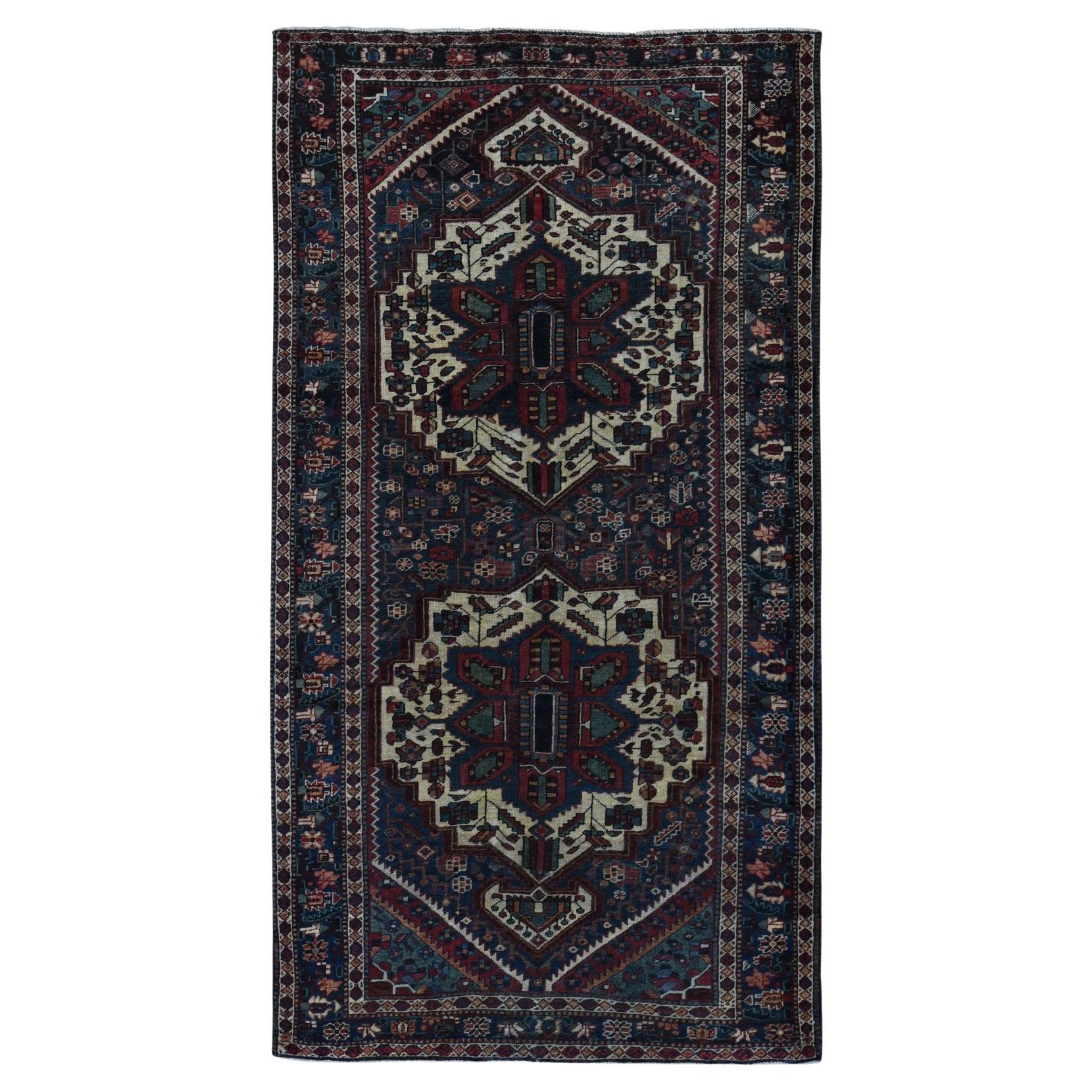 Prussian Blue Vintage Persian Bakhtiari Even Wear Wool Hand Knotted Runner Rug