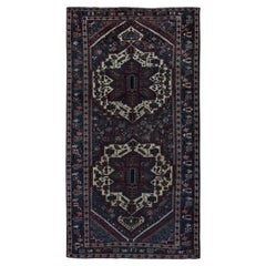 Prussian Blue Used Persian Bakhtiari Even Wear Wool Hand Knotted Runner Rug