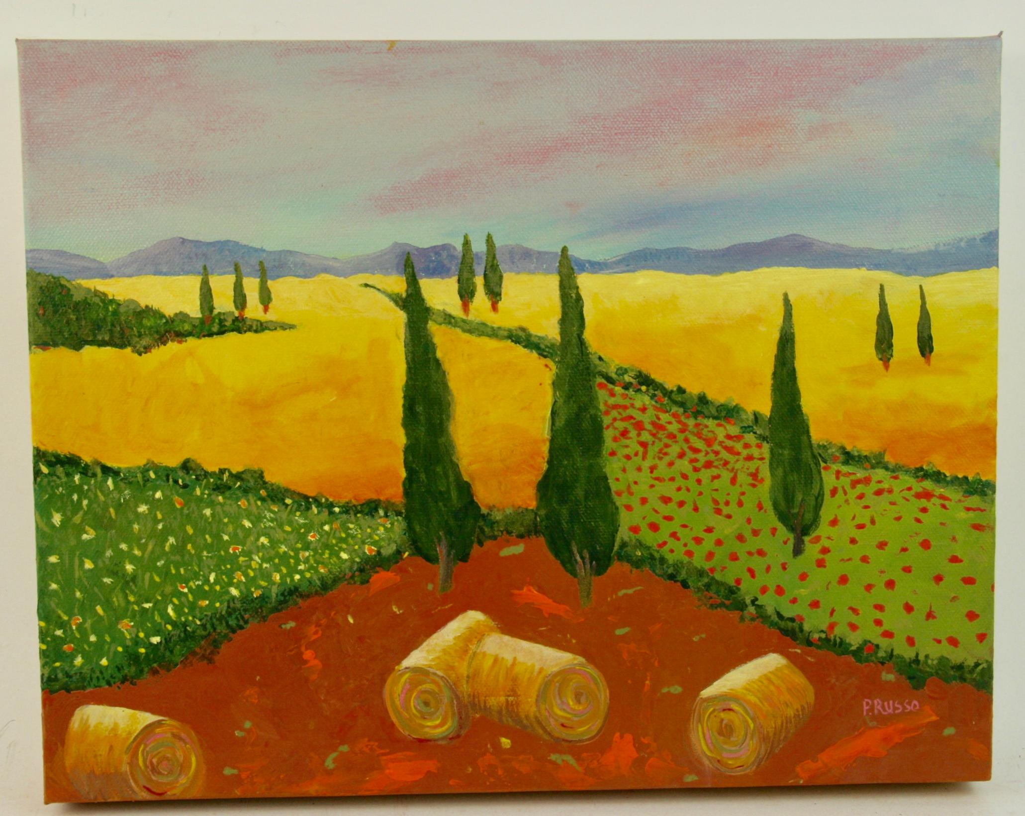 P.Russo Landscape Painting - Cyprus Lined Wheat Fields Painting, Acrylic on Wrapped Canvas, Signed