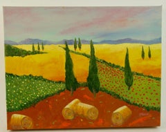 Cyprus Lined Wheat Fields Painting, Acrylic on Wrapped Canvas, Signed