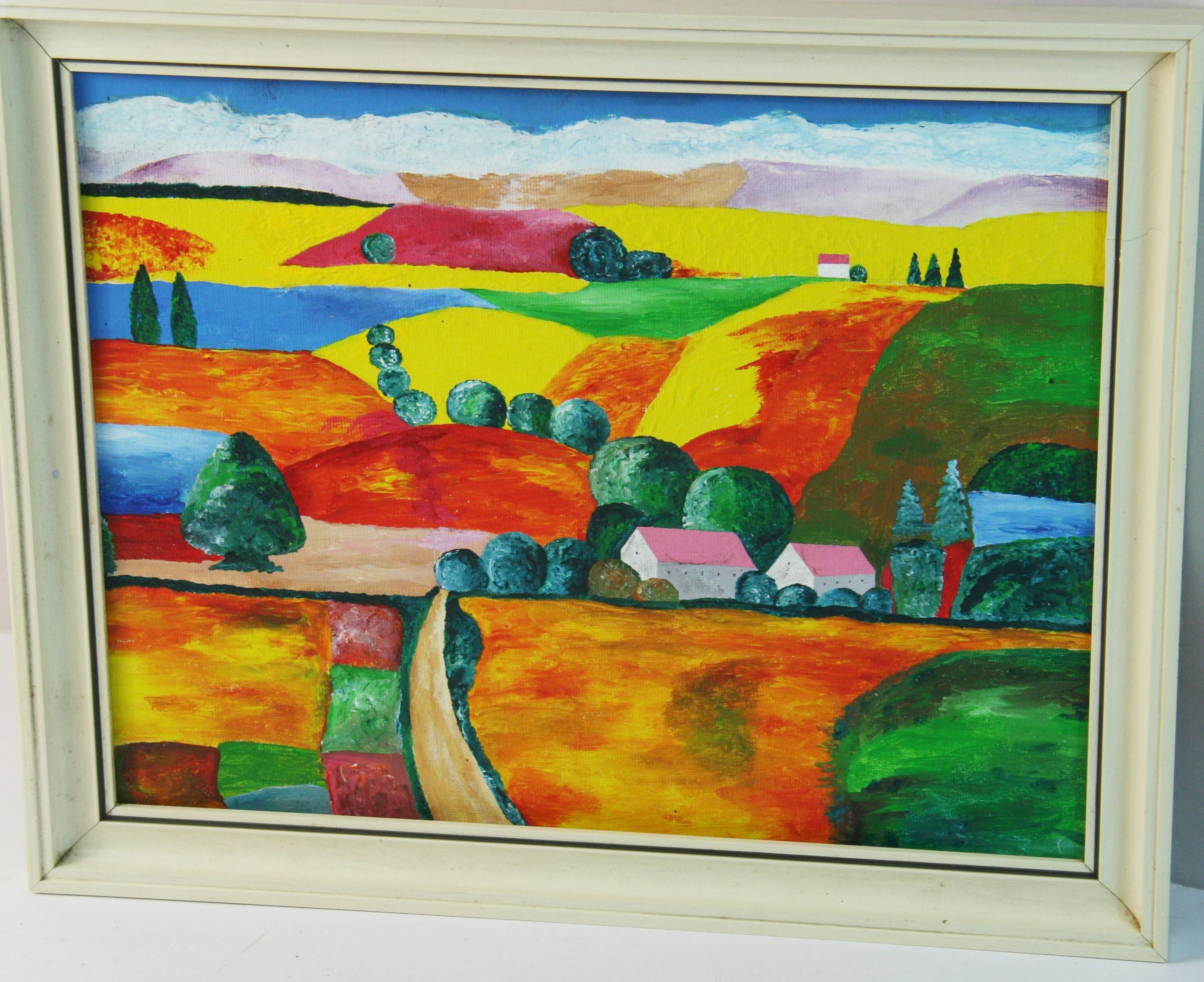 Fauvistische italienische farbenfrohe Dorflandschaft, Acryl auf Leinwand, 1980er Jahre