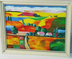 Paisaje fauvista italiano de pueblo colorido, acrílico sobre lienzo, años 80