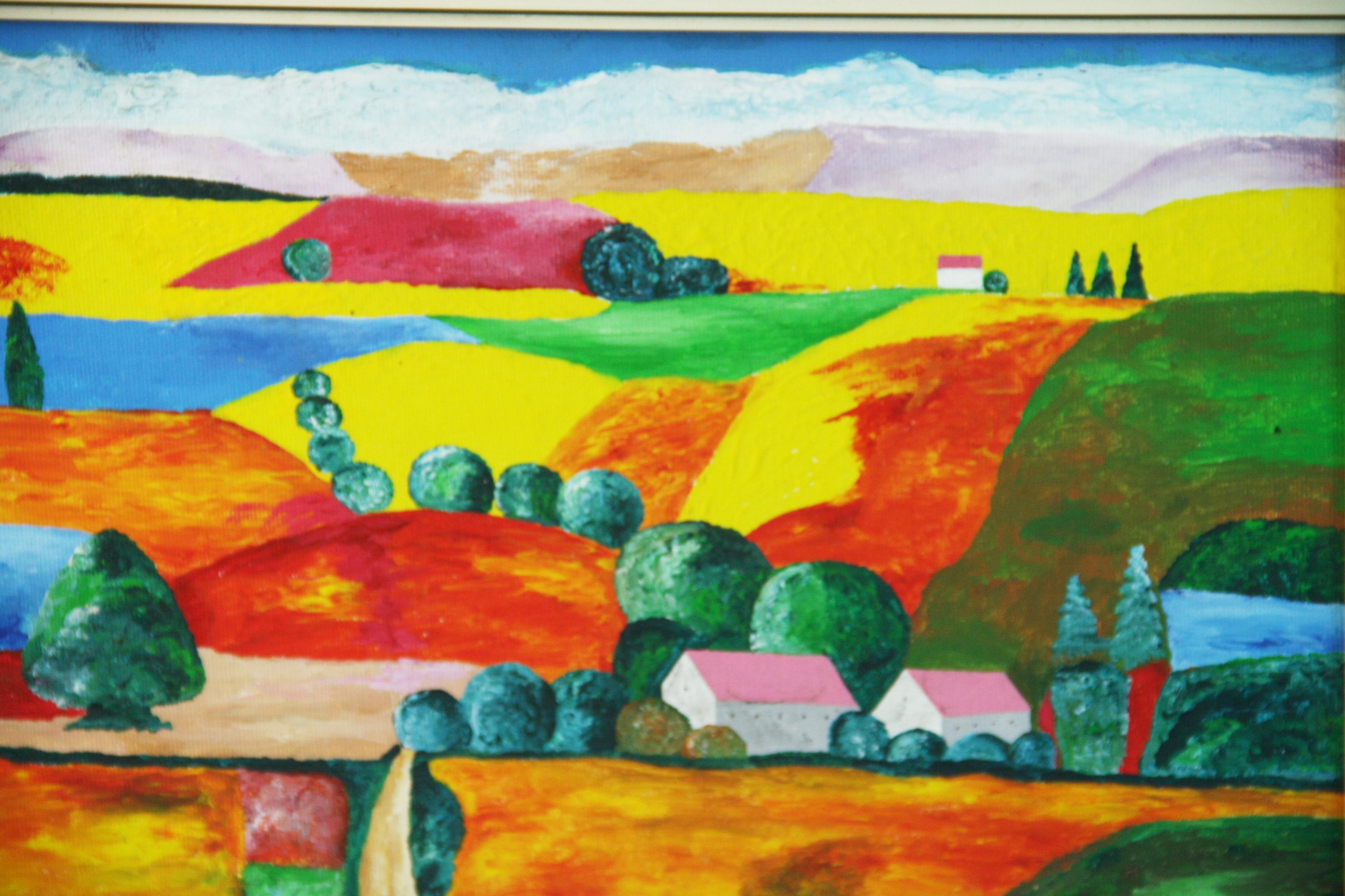 Paesaggio di villaggio colorato in stile fauvista italiano - Landscape Painting Grigio di P.Russo