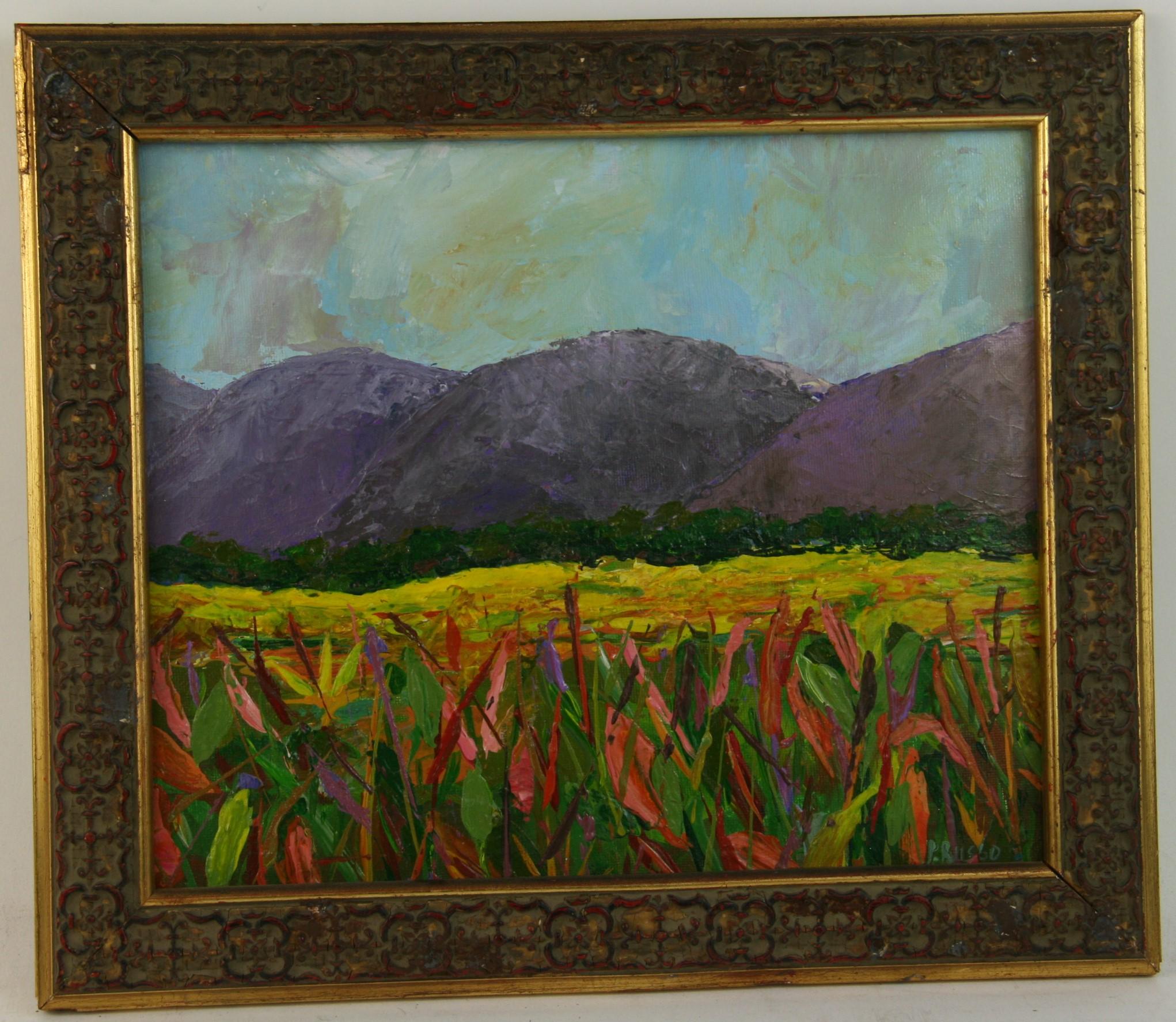 6145 Tuscan landscape painting  on artist board
Set in a vintage ornate wood frame
Image size 10.5x9"
