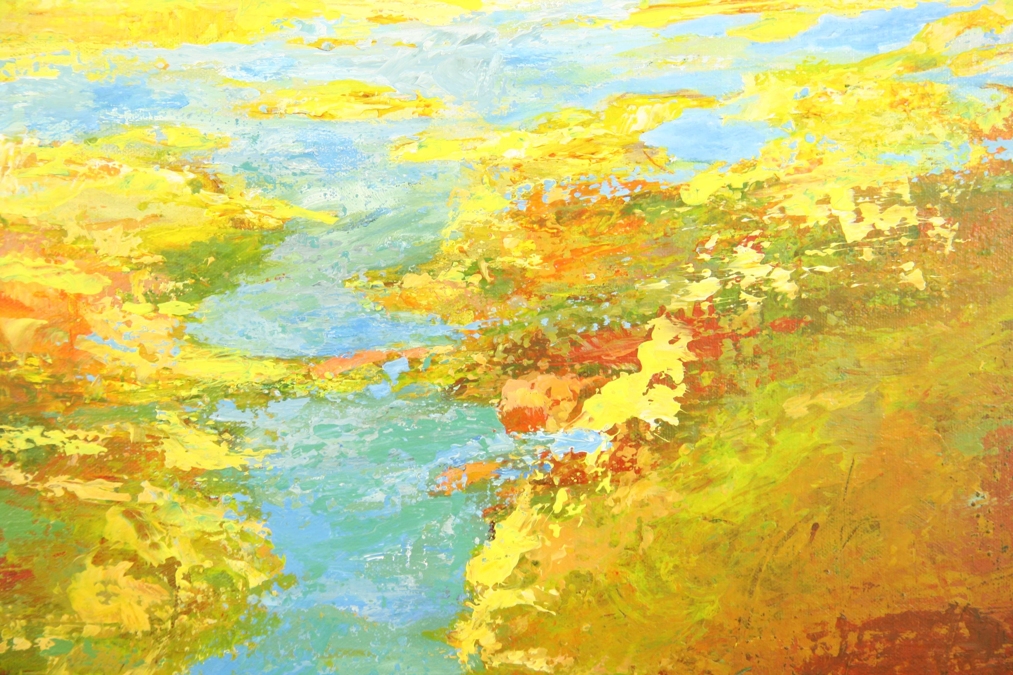 6059  Marshes,a contemporary abstract painting, oil on canvas displayed in a gilt wood frame,signed by P.Russo.Image size 20 H x 24 w