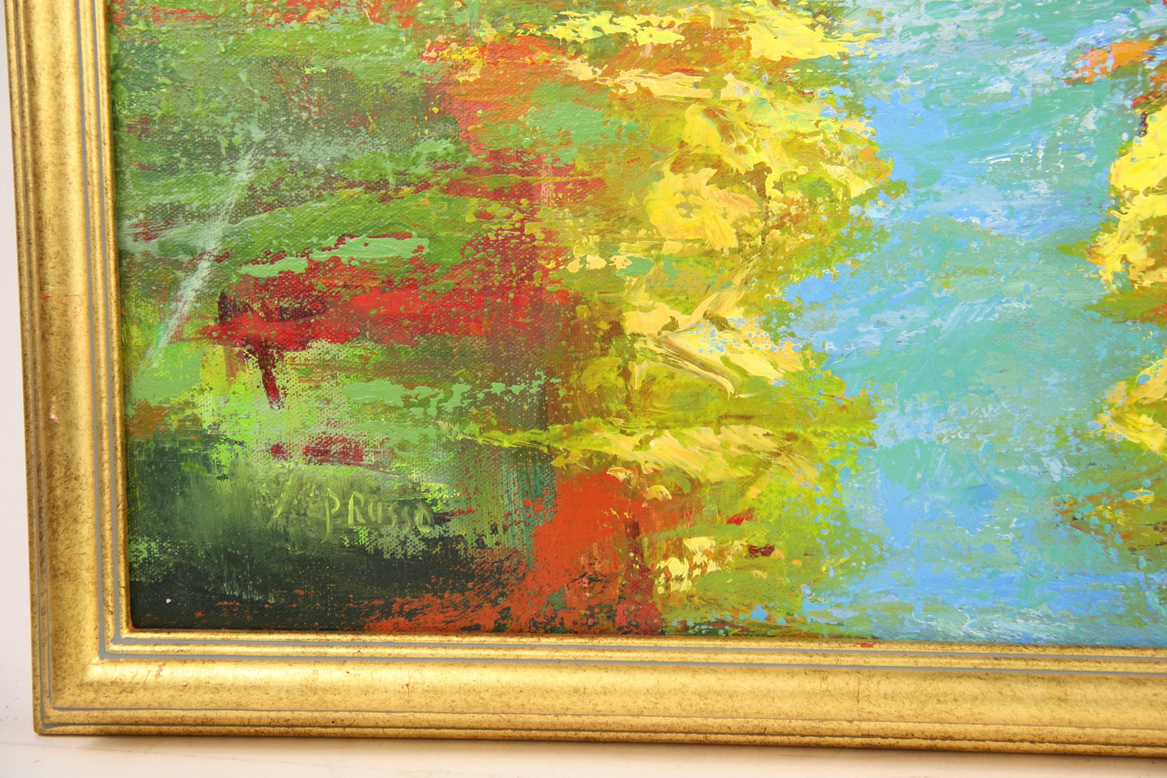 3076a  Marais,peinture abstraite contemporaine,acrylique sur toile présentée dans un cadre en bois doré,signée par P.Russo.Taille de l'image 20 H x 24 L