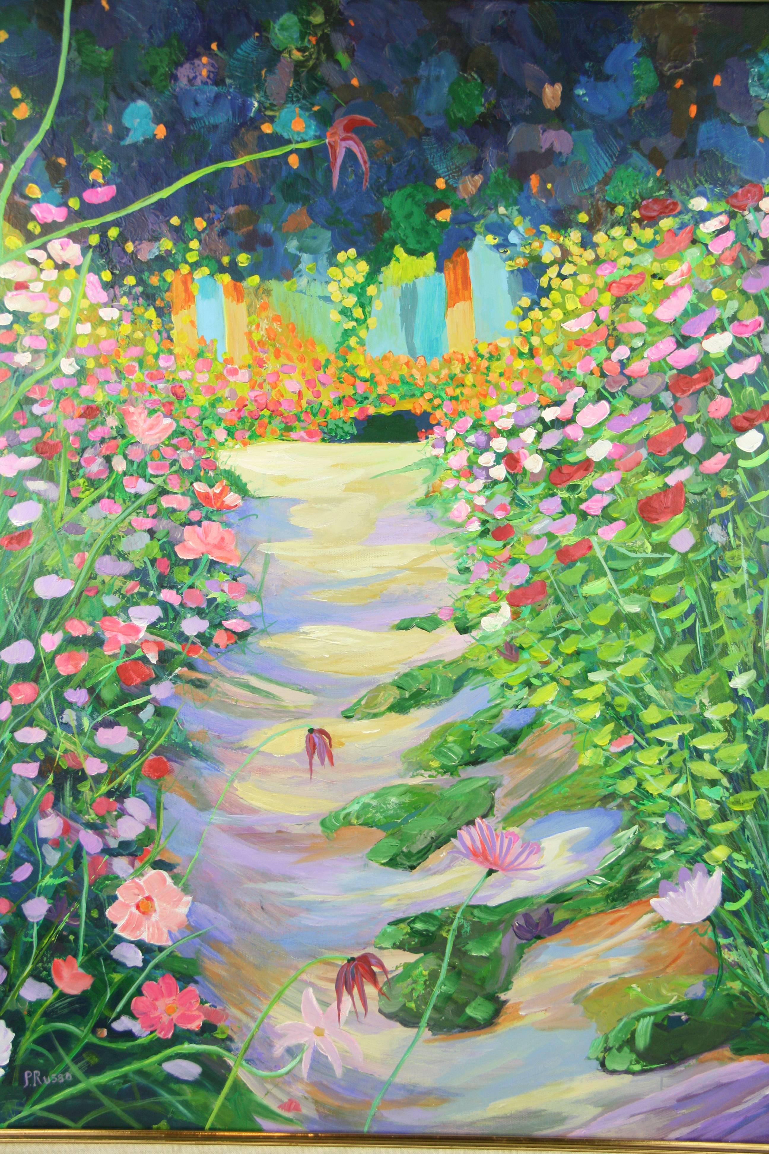 #5-2947 Garden Path,a contemporary acrylic on canvas displayed in a gilt wood frame.
Signed lower right by P.Russo Neapolitan artist
Image size 29.5 H X 23.5 W
