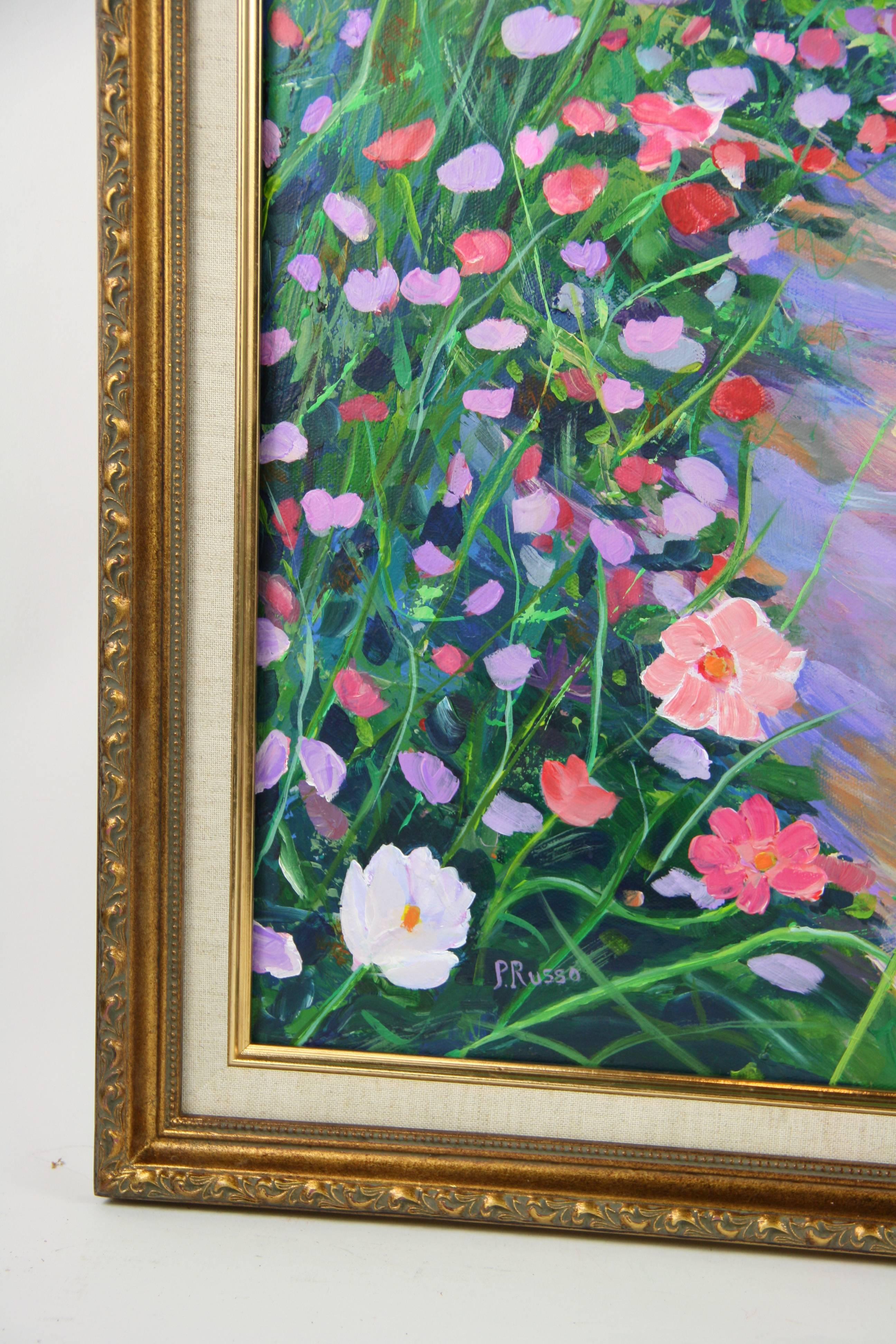 Impressionista italiano di grandi dimensioni  Sentiero del giardino Giardino fiorito  Paesaggio  Pittura - Landscape Painting Marrone di P.Russo