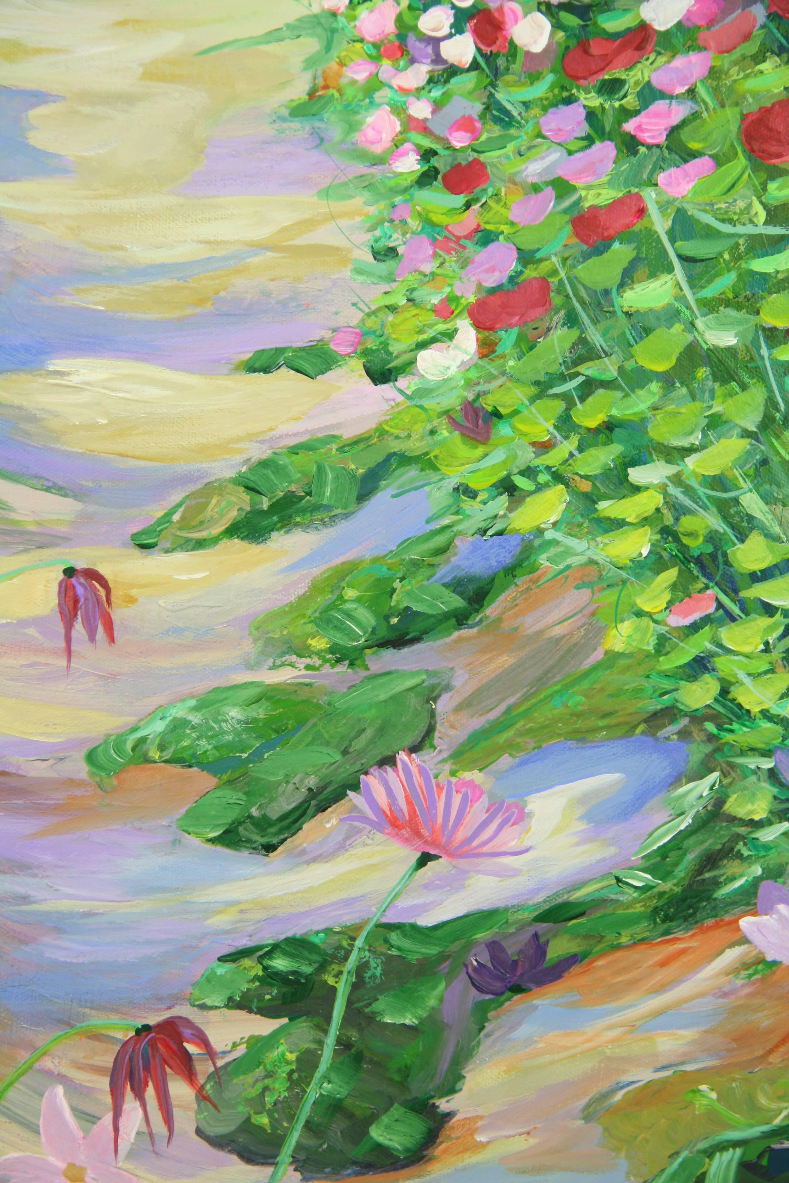 #5-2947 Sentiero del giardino un dipinto impressionista   su tela esposta in una cornice di legno dorato.
Firmato in basso a destra da P. Russo artista napoletano
Dimensioni dell'immagine 29,5 H. X 23,5 L.
