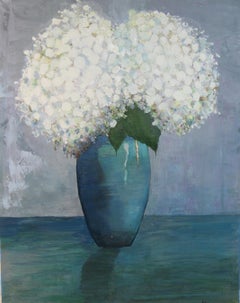 Impressionist White Hydrangias In a Blue Vase Still Life by P.Russo