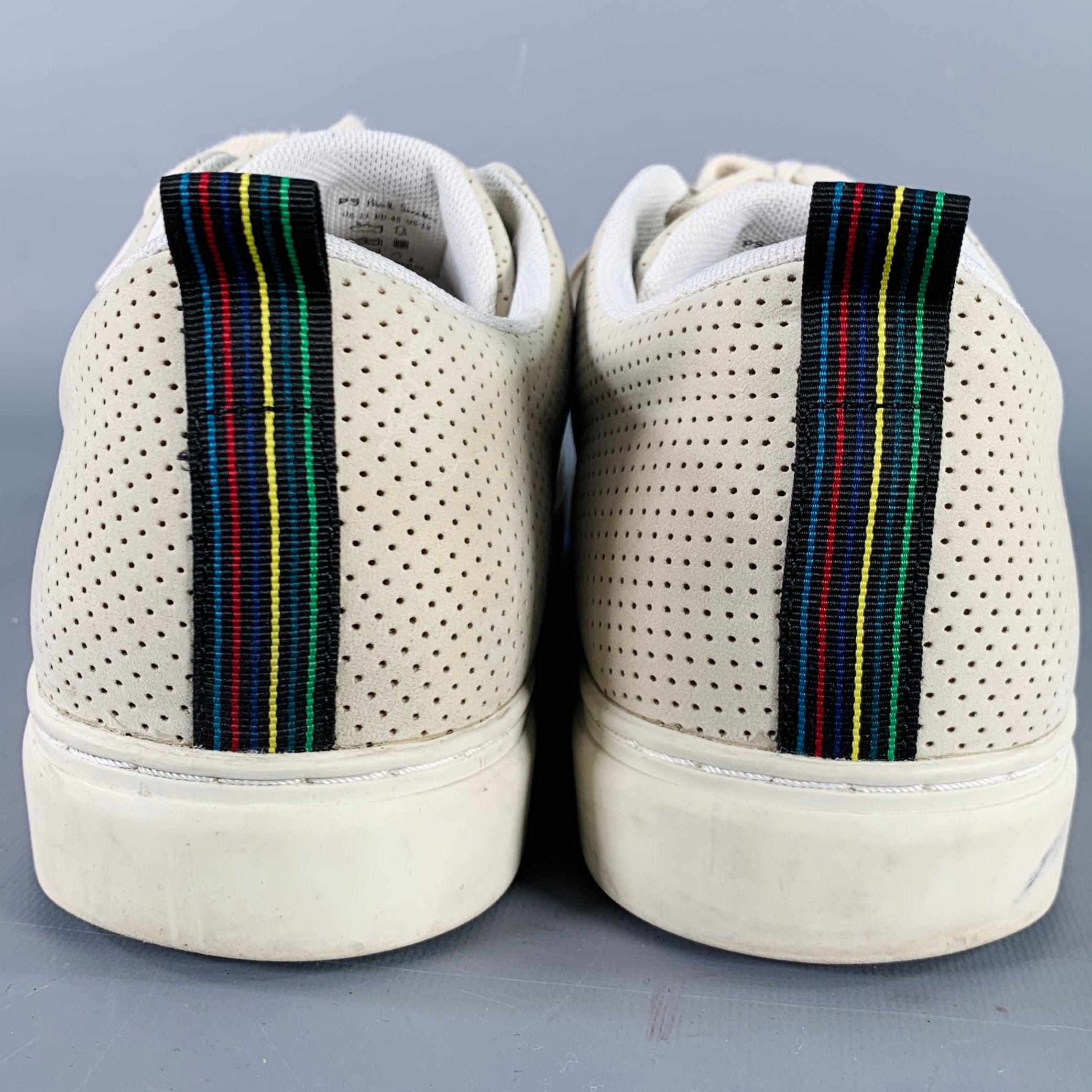 Beige PS by PAUL SMITH Size 12 Grey Stone Perforated Leather Cap Toe Sneakers For Sale