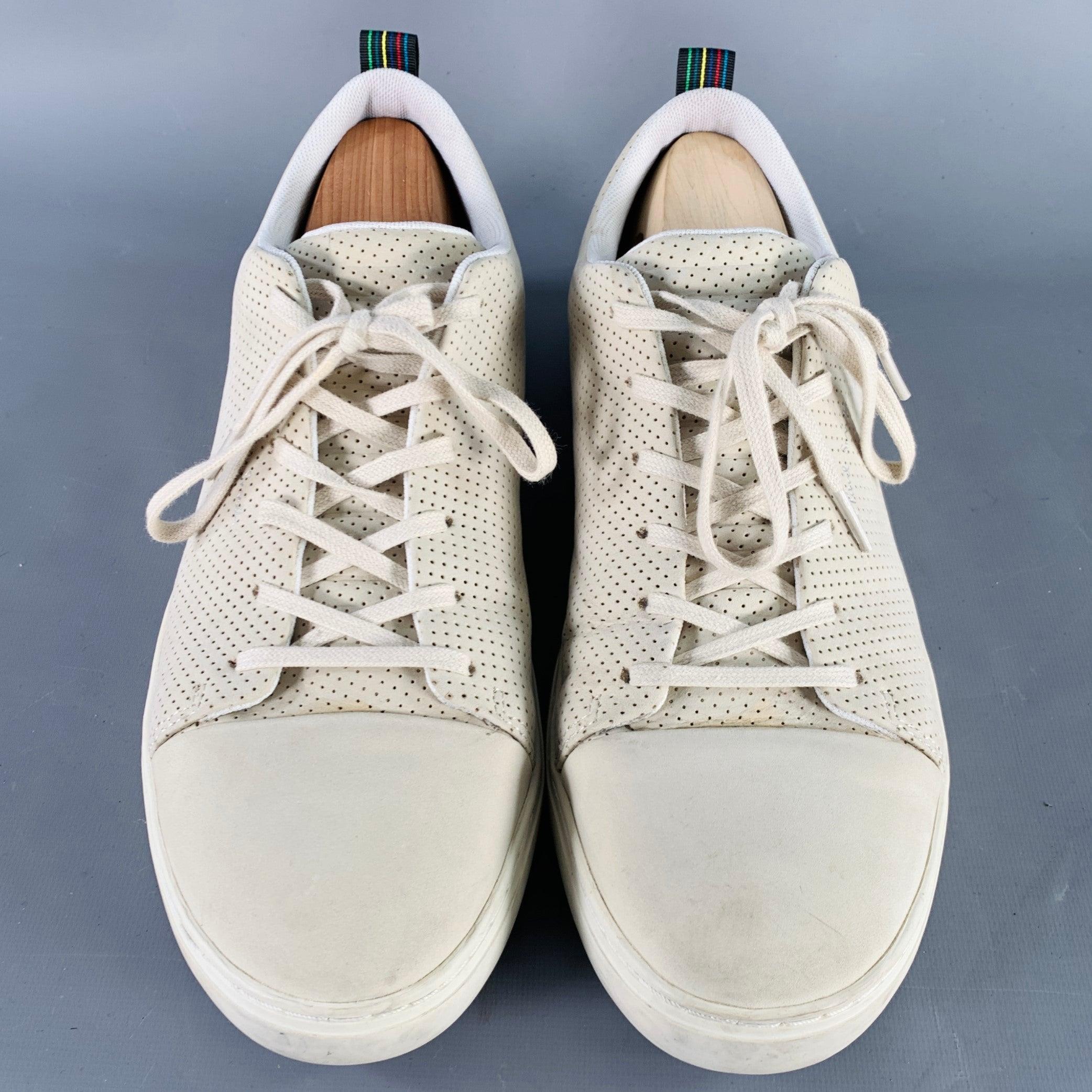 PS by PAUL SMITH Size 12 Grey Stone Perforated Leather Cap Toe Sneakers In Good Condition For Sale In San Francisco, CA