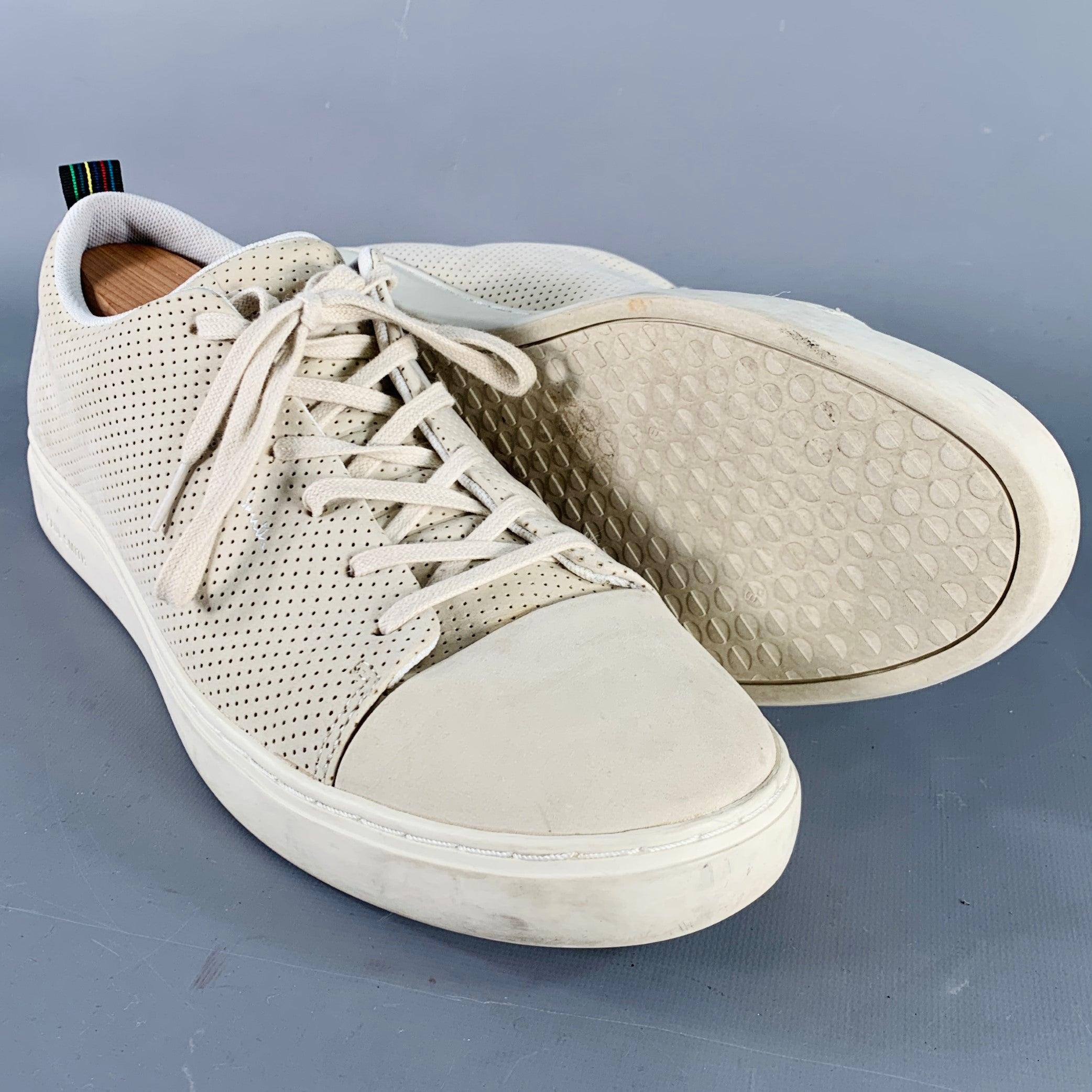 Men's PS by PAUL SMITH Size 12 Grey Stone Perforated Leather Cap Toe Sneakers For Sale