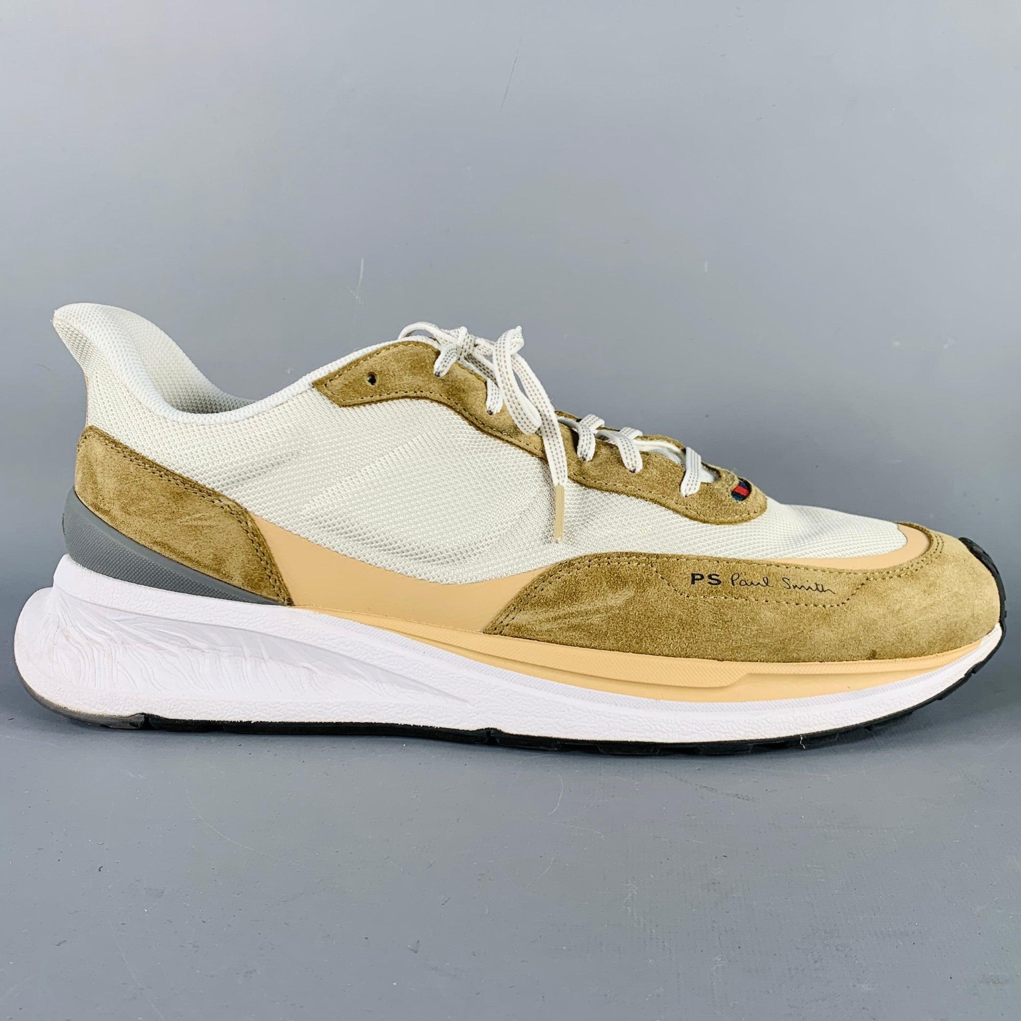 PS by PAUL SMITH Turnschuhe
aus khakifarbenem Wildleder und grauem Mesh-Nylon, mit Farbblock-Design, Schaumstoffsohle und Schnürverschluss. Schuhspanner nicht enthalten. sehr guter Zustand. 

Markiert:   US 12Außensohle: 13 Zoll  x 4,75 Zoll 
  
  
