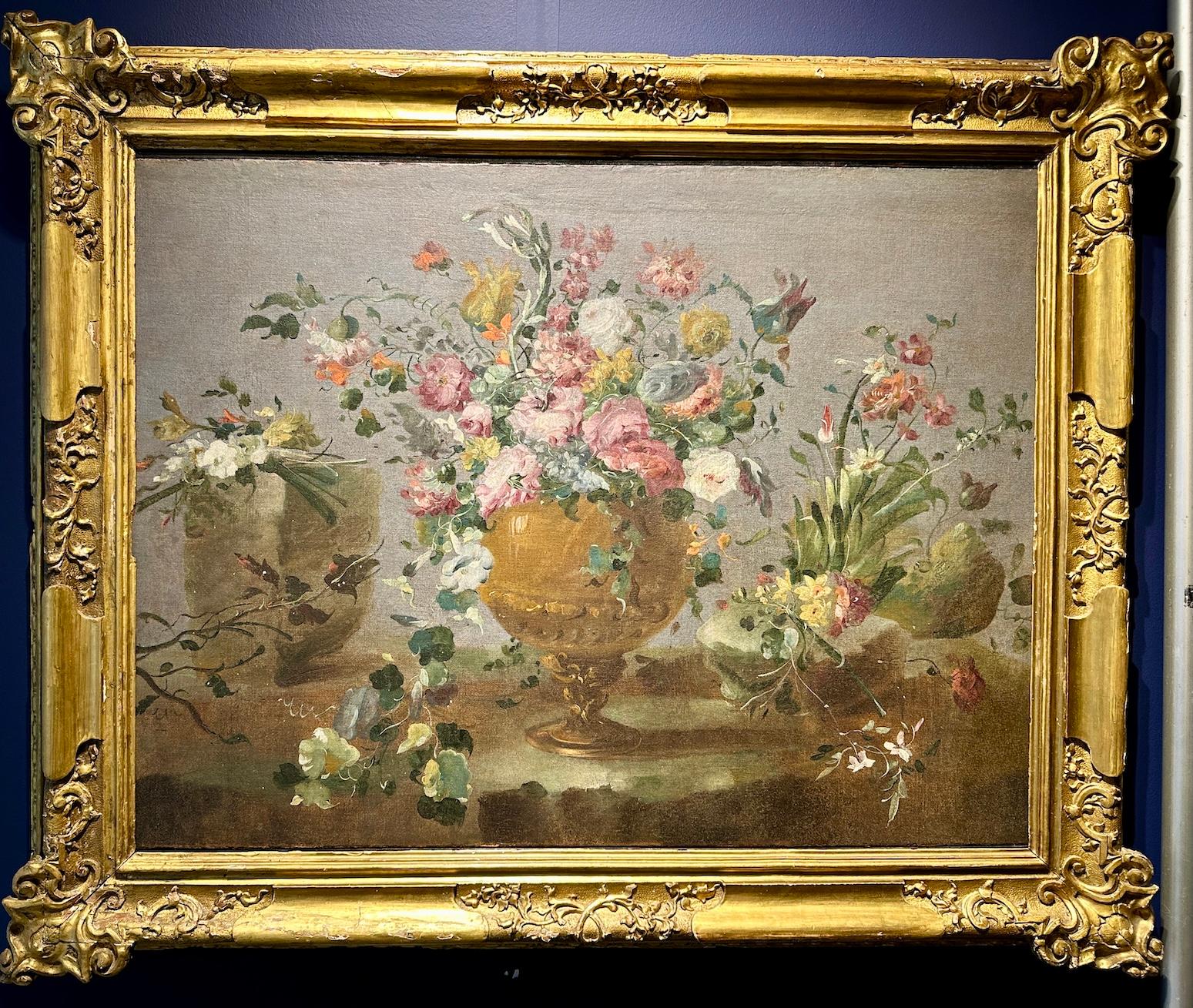 Still-Life Painting di Pseudo Guardi (aka Master of the Guardeschi Flowers) - Natura morta di fiori veneziana del XVIII secolo, vaso classico su un ripiano di marmo