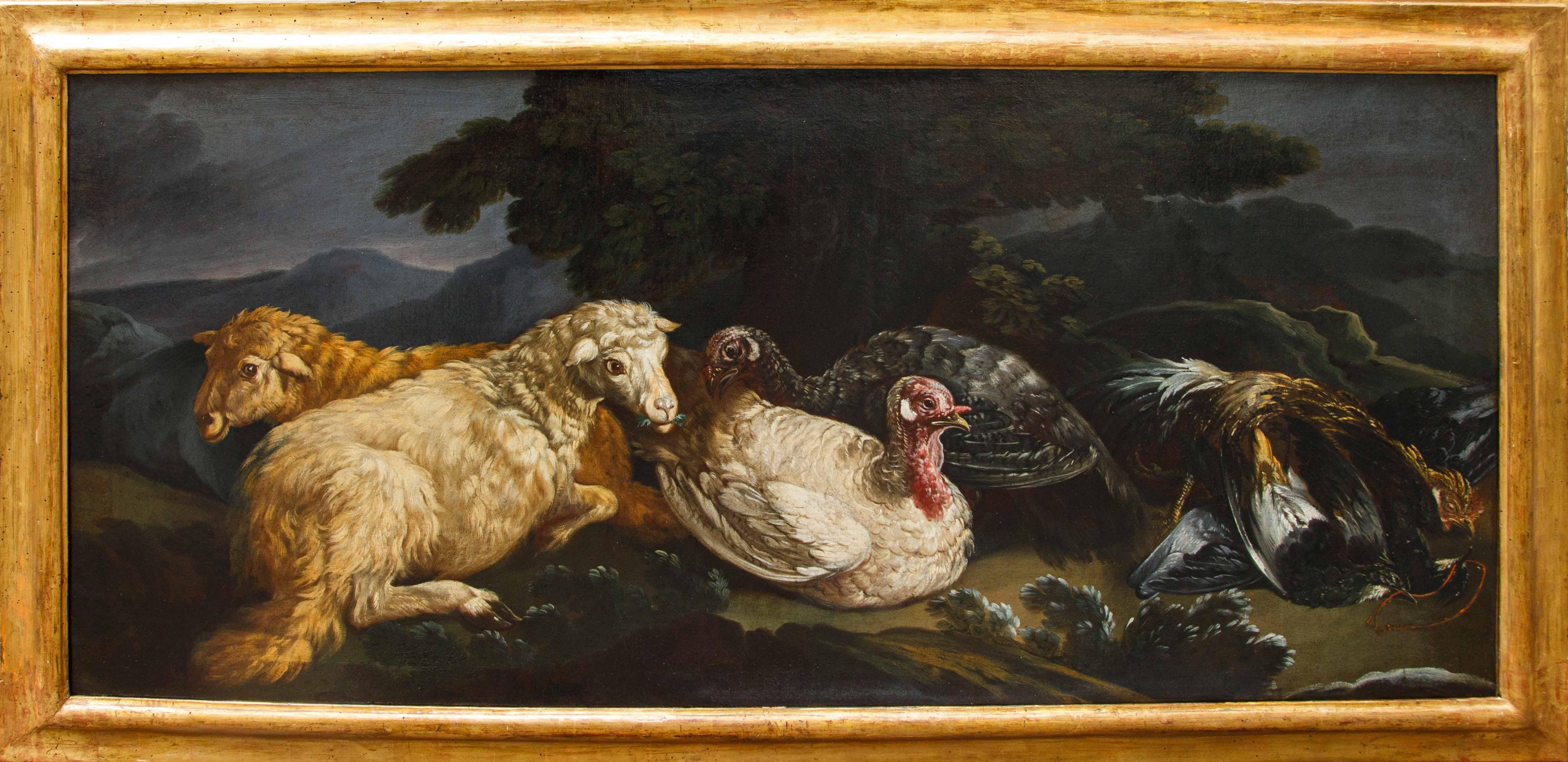 Pseudo-Vitali (actifs à Bologne dans la première moitié du XVIIIe siècle)

Paires de Nature Vive avec poules, moutons, panier en osier

Huile sur toile, 80 x 170 cm

Encadré, 95 x 185 cm

Rapport de critique Prof. Alberto Crispo



Les deux