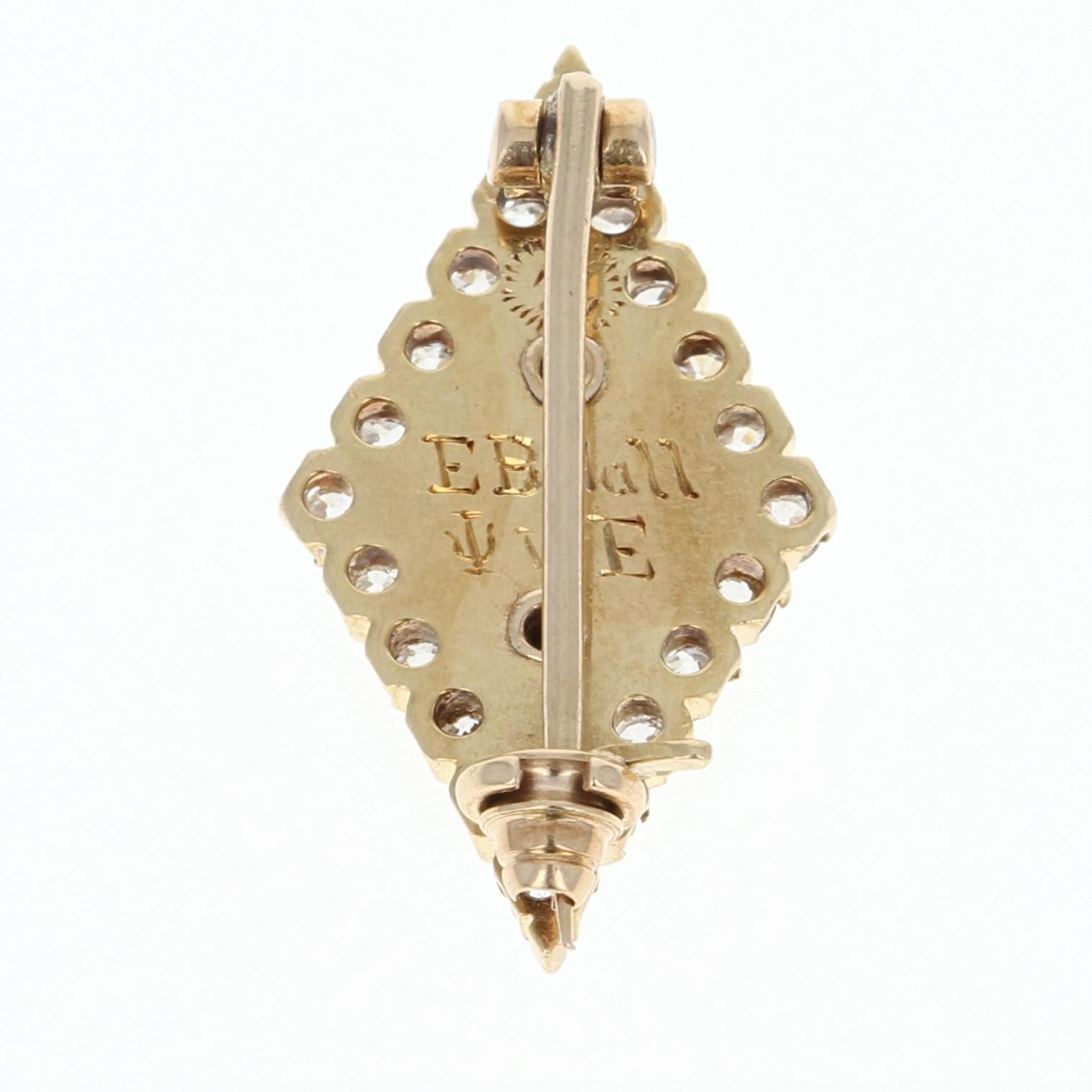Antike Anstecknadel von Dartmouth Fraternity 1898, Upsilon Badge, 14 Karat Gold Diamanten (Alteuropäischer Brillantschliff) im Angebot