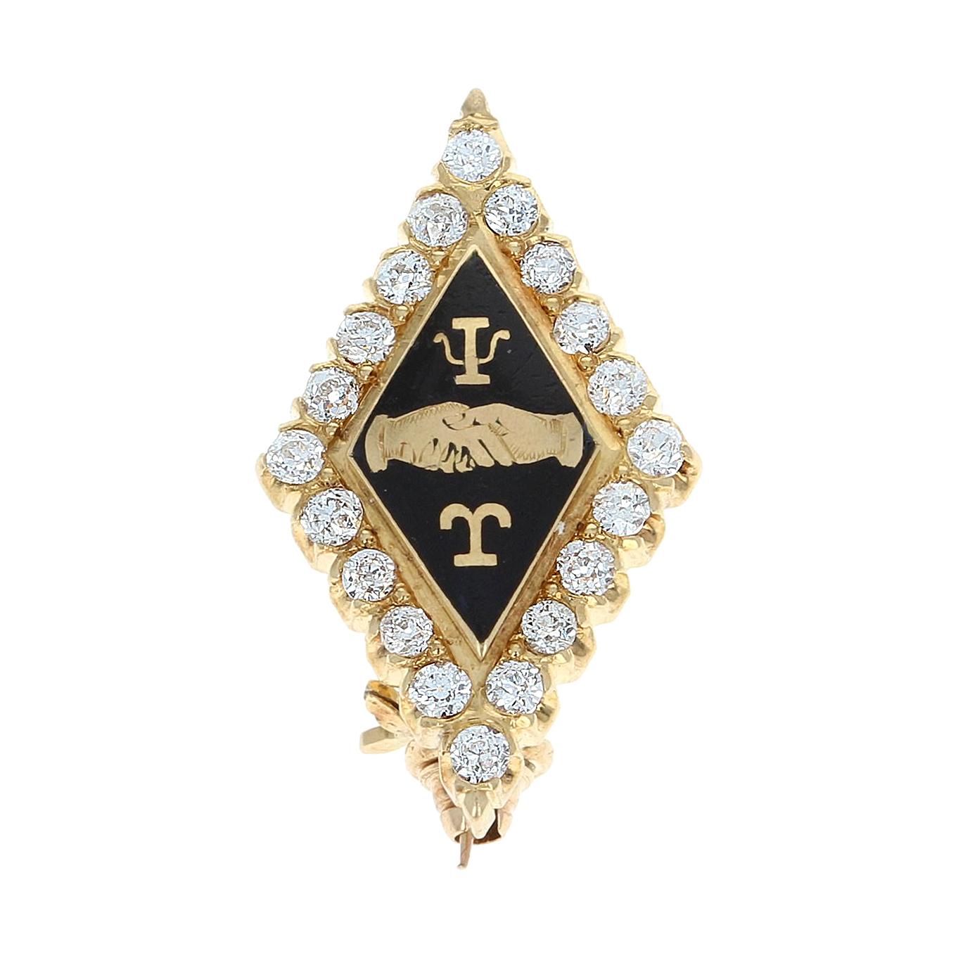 Antike Anstecknadel von Dartmouth Fraternity 1898, Upsilon Badge, 14 Karat Gold Diamanten im Angebot